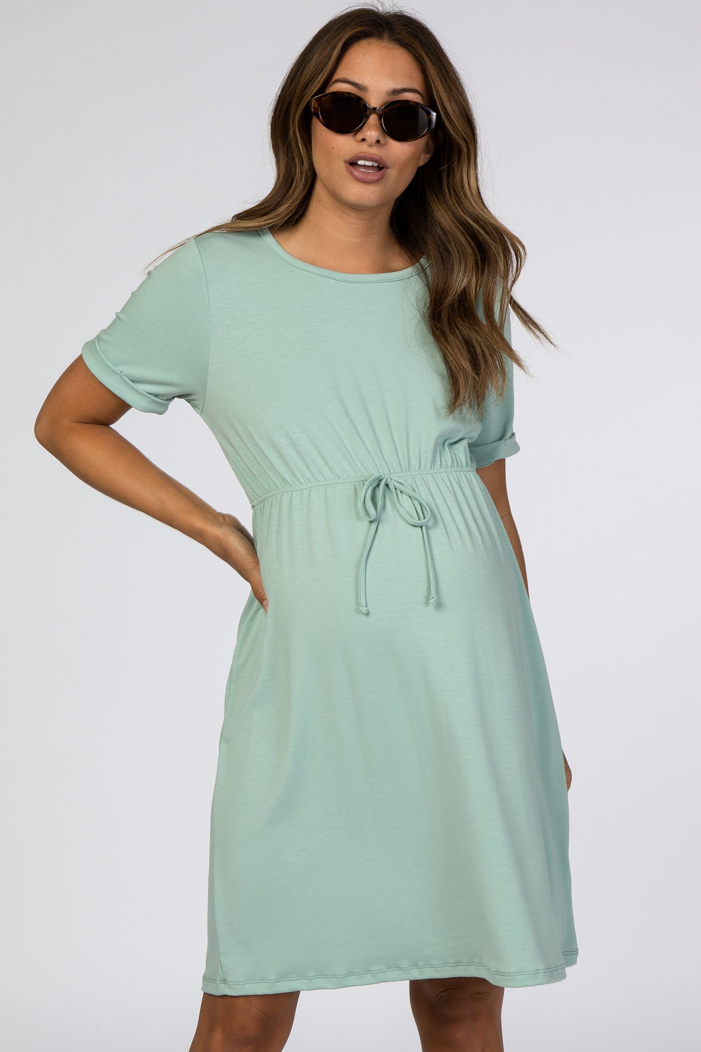 Mint Short Sleeve Waist Tie Maternity Dress sold by Pinkblush product image thumbnail 5
