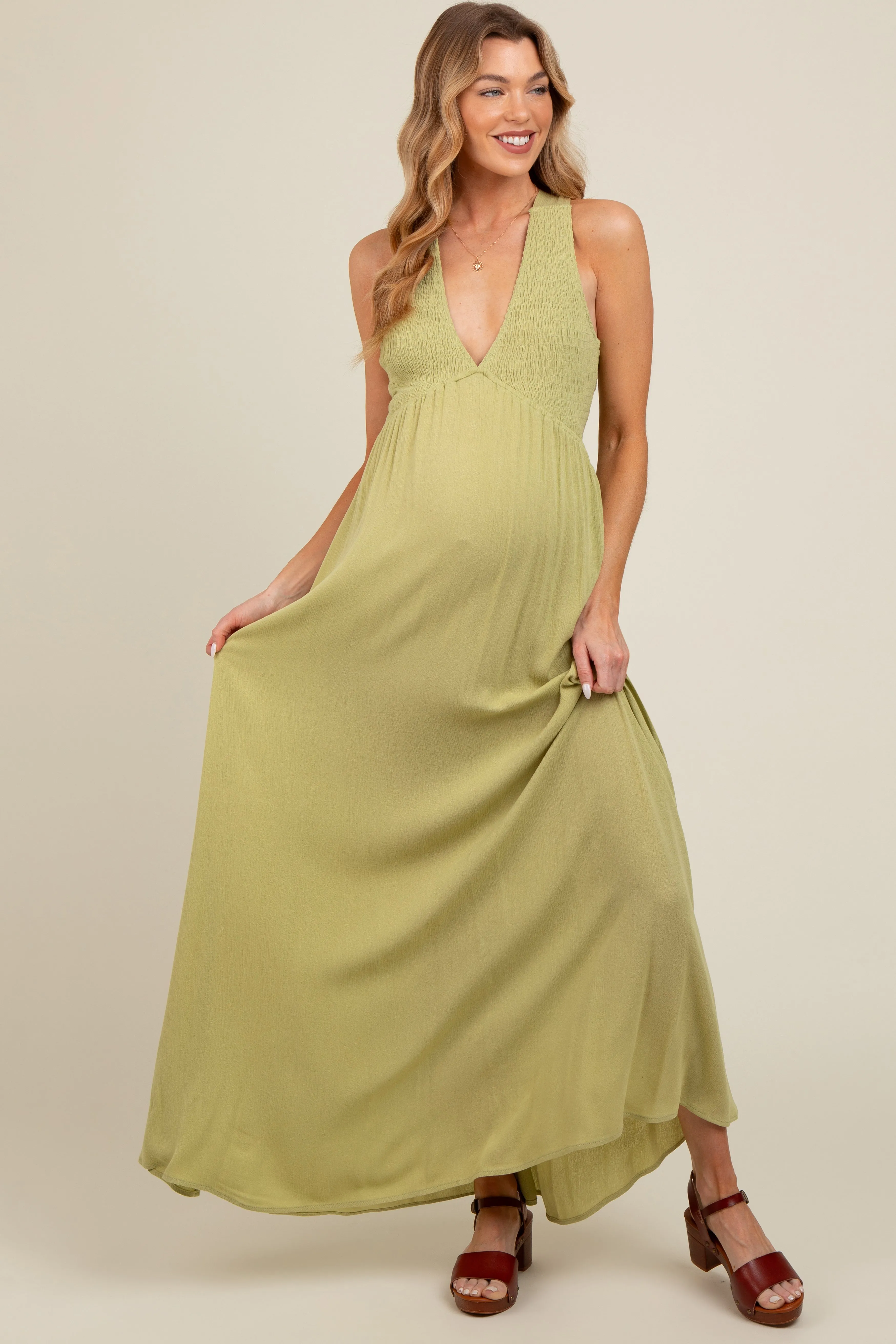 Lime Deep V-Neck Cross Back Maternity Maxi Dress sold by Pinkblush product image thumbnail 2