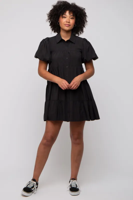 Black Puff Sleeve Mini Shirt Dress sold by Pinkblush