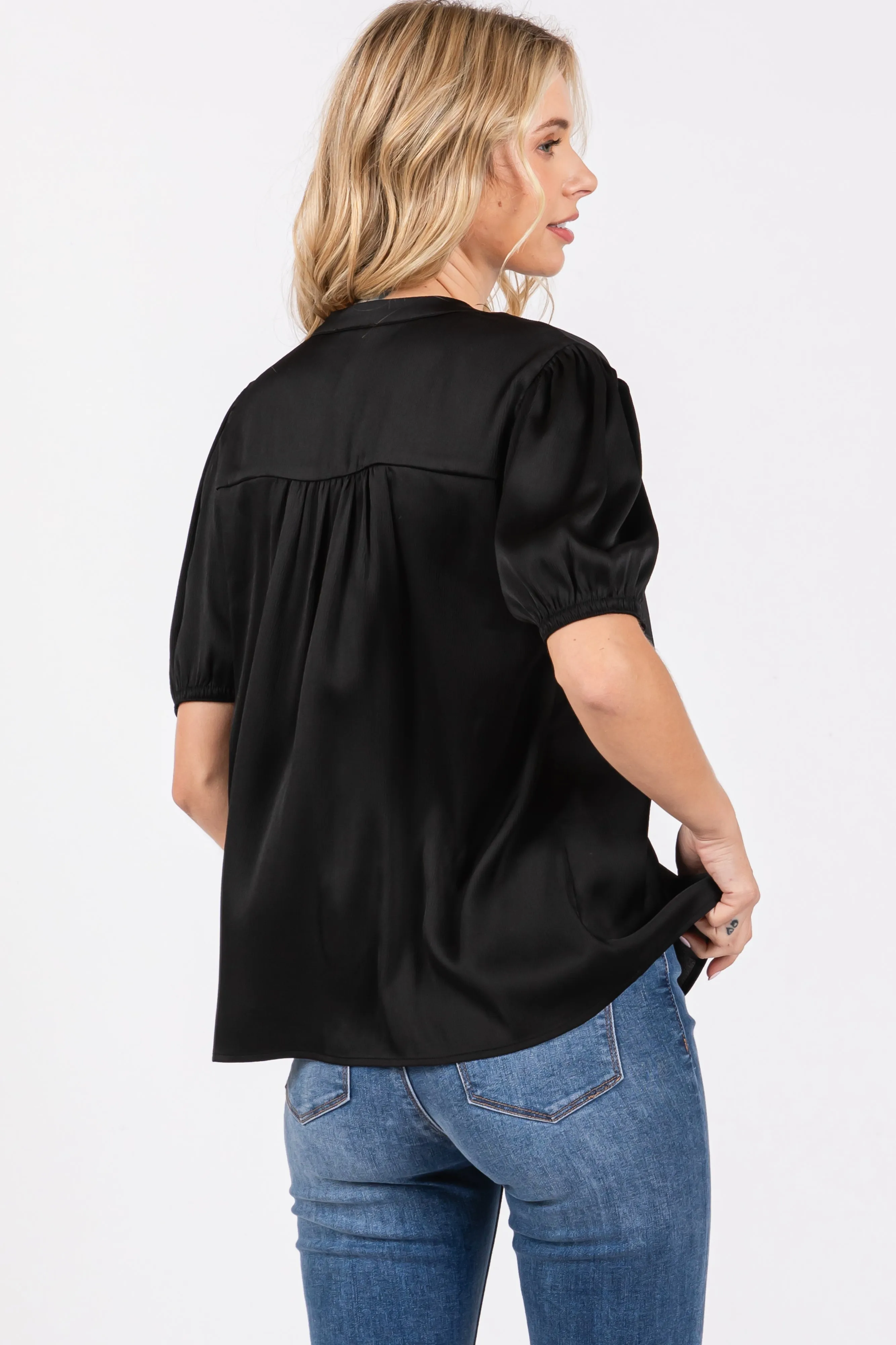 Black V-Neck Puff Sleeve Blouse sold by Pinkblush product image thumbnail 4