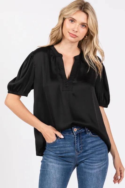 Black V-Neck Puff Sleeve Blouse sold by Pinkblush