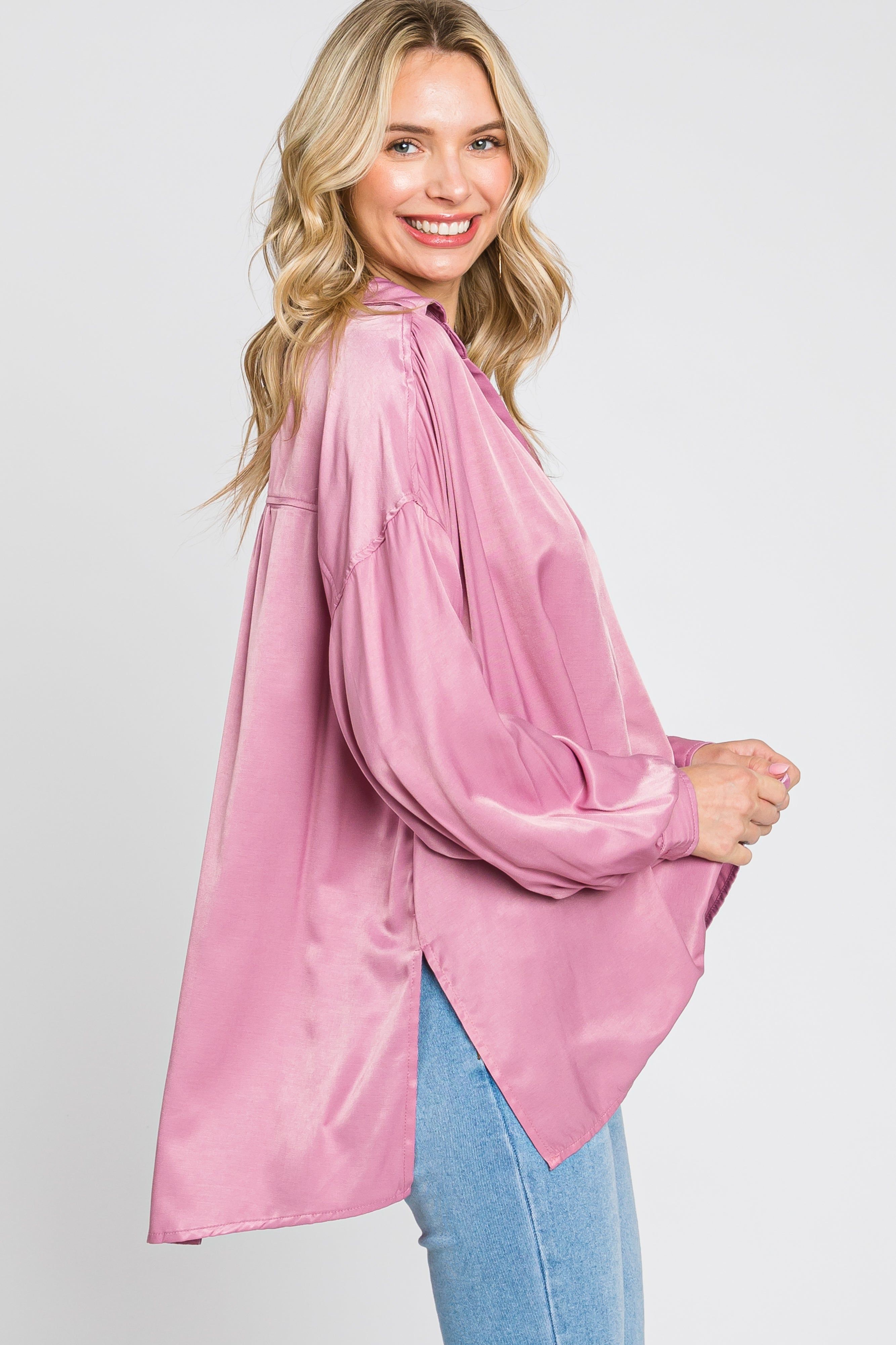 Mauve Silk Collared V-Neck Long Sleeve Blouse sold by Pinkblush product image thumbnail 2