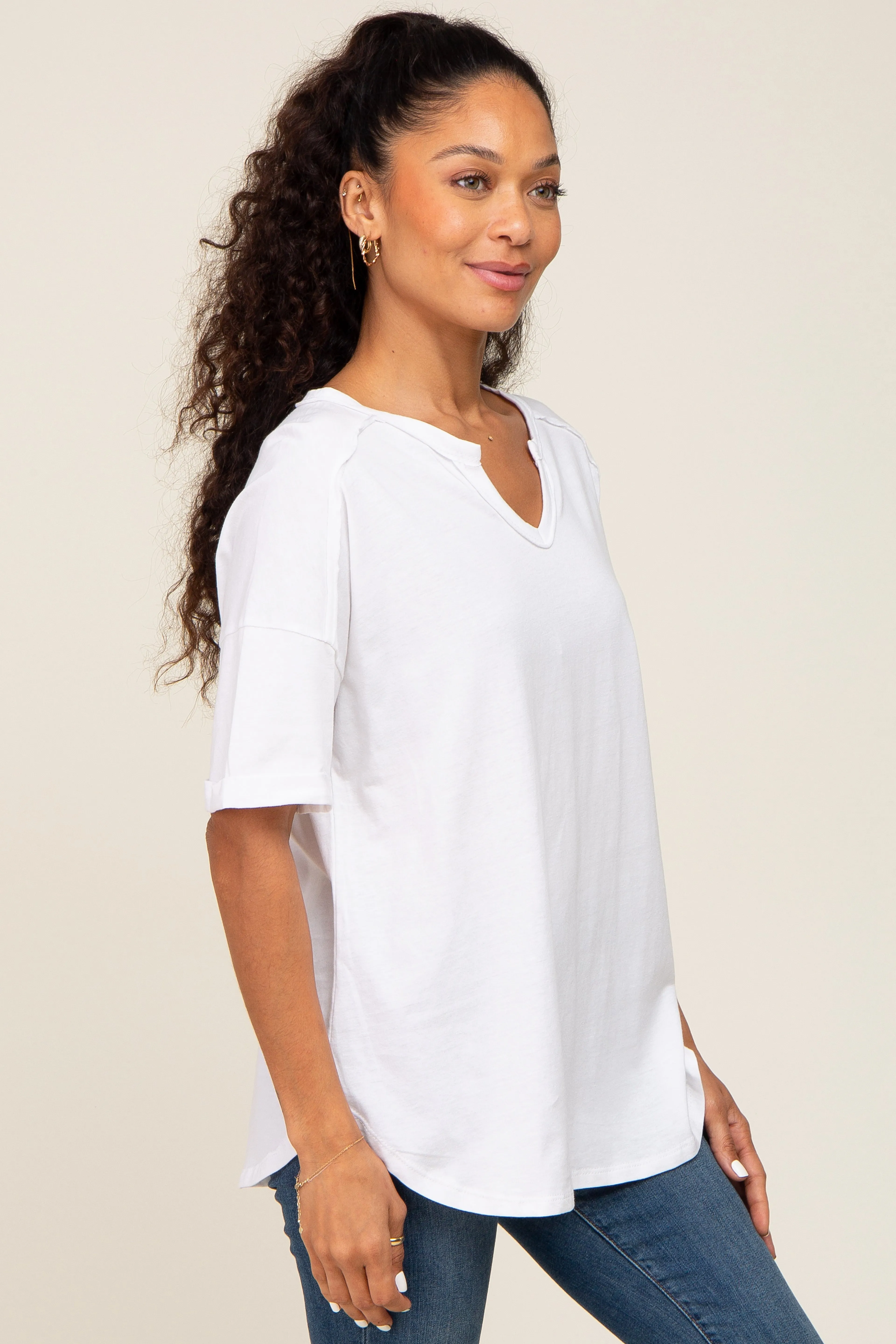 White Oversized V-Neck Cuffed Short Sleeve Tee sold by Pinkblush product image thumbnail 2