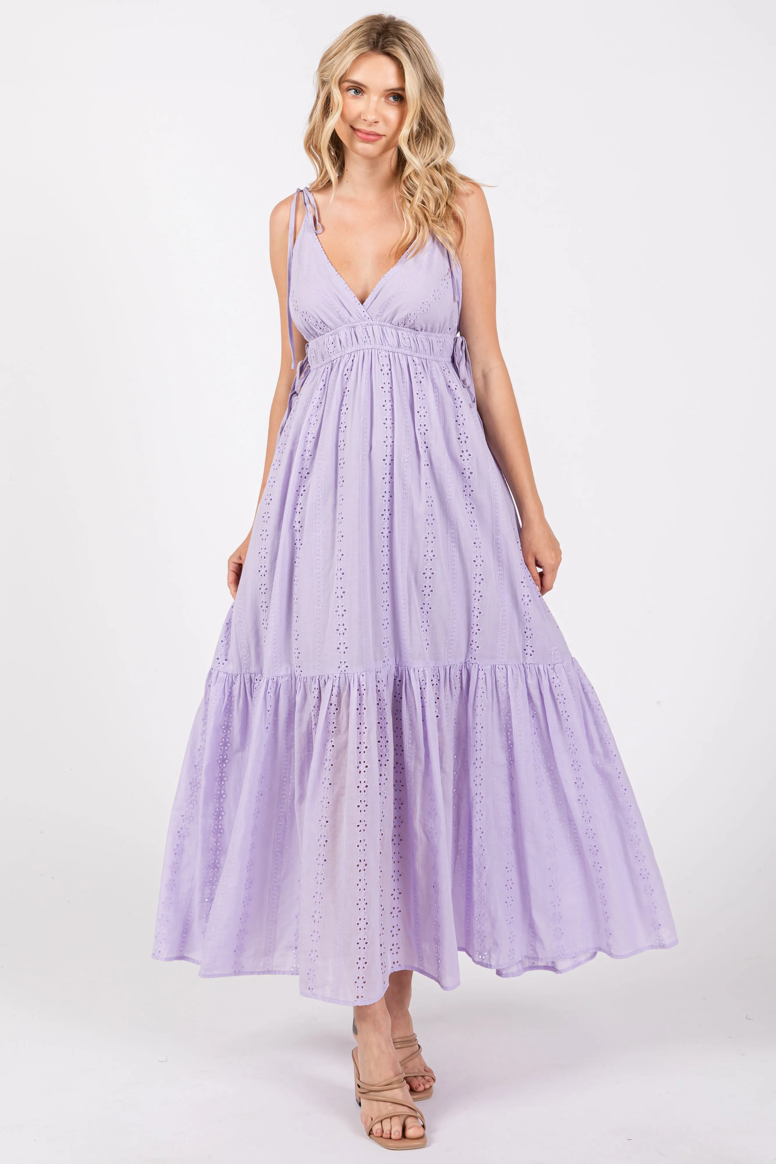 Lavender Floral Eyelet Shoulder Tie Dress sold by Pinkblush