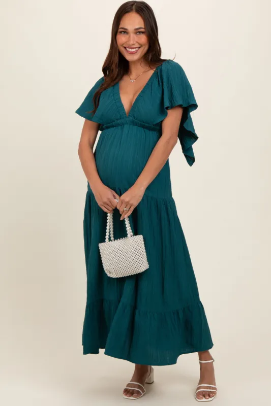 Emerald Deep V-Neck Flutter Sleeve Tiered Maternity Midi Dress sold by Pinkblush