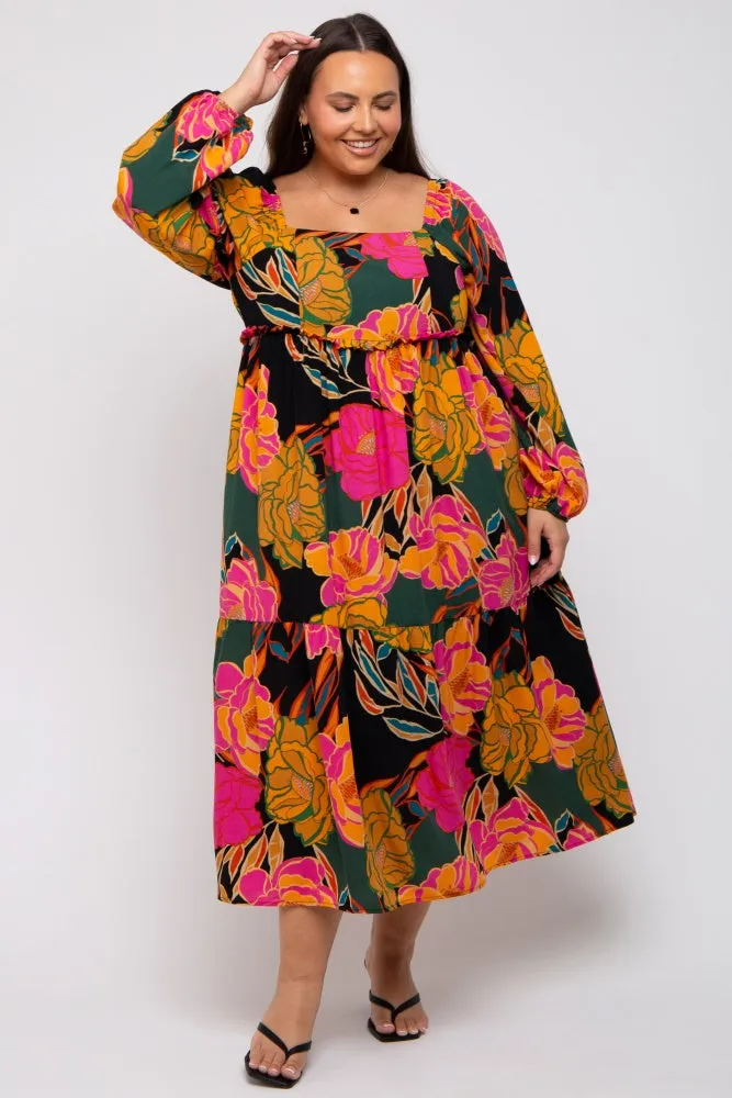 Black Floral Long Sleeve Plus Midi Dress sold by Pinkblush product image thumbnail 4
