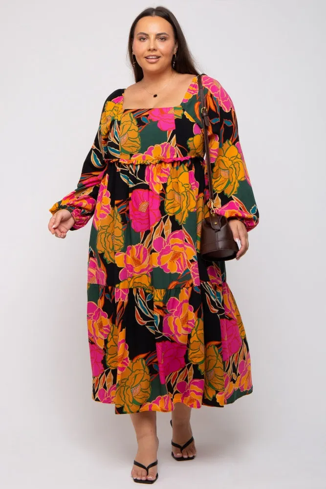 Black Floral Long Sleeve Plus Midi Dress sold by Pinkblush