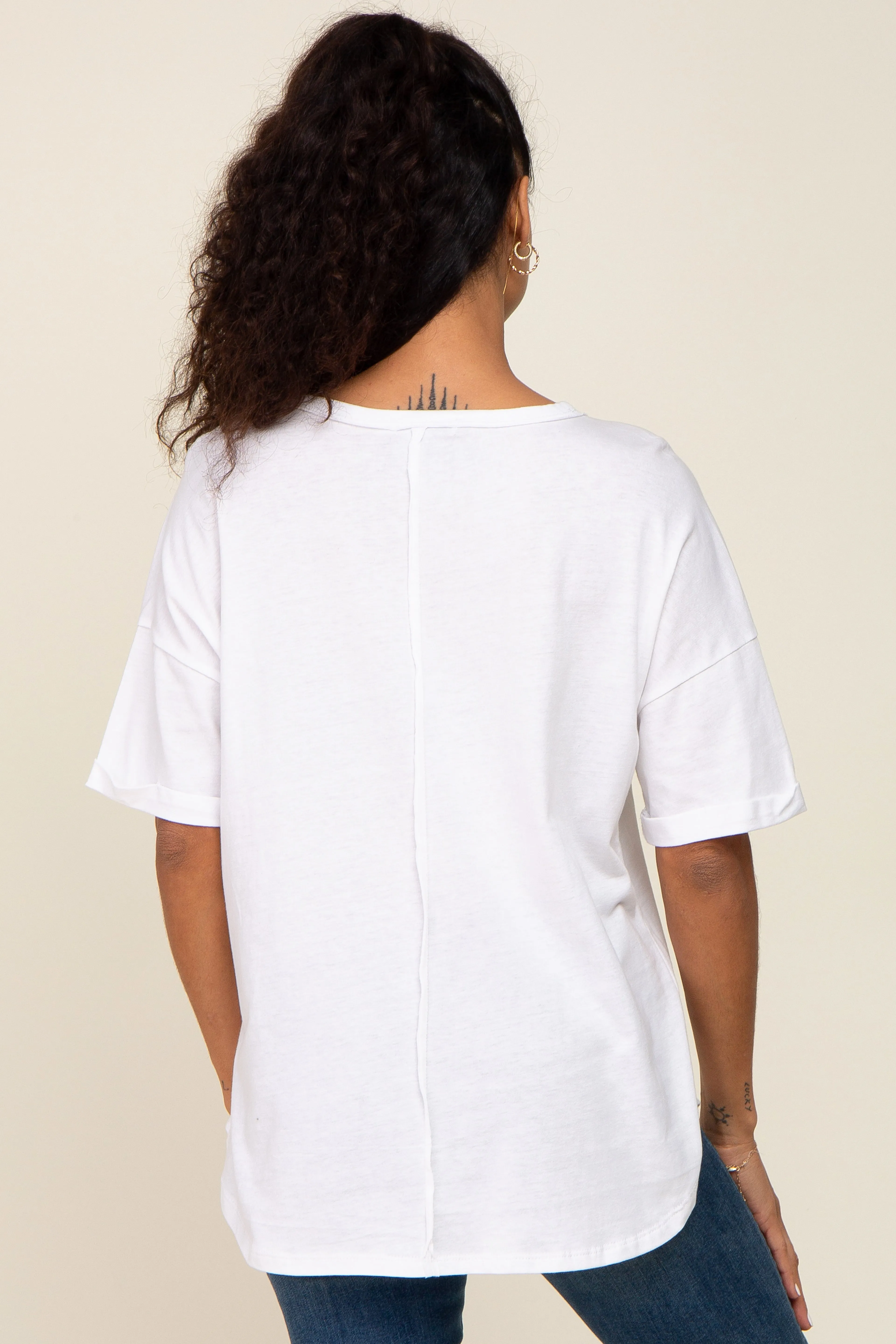White Oversized V-Neck Cuffed Short Sleeve Tee sold by Pinkblush product image thumbnail 3
