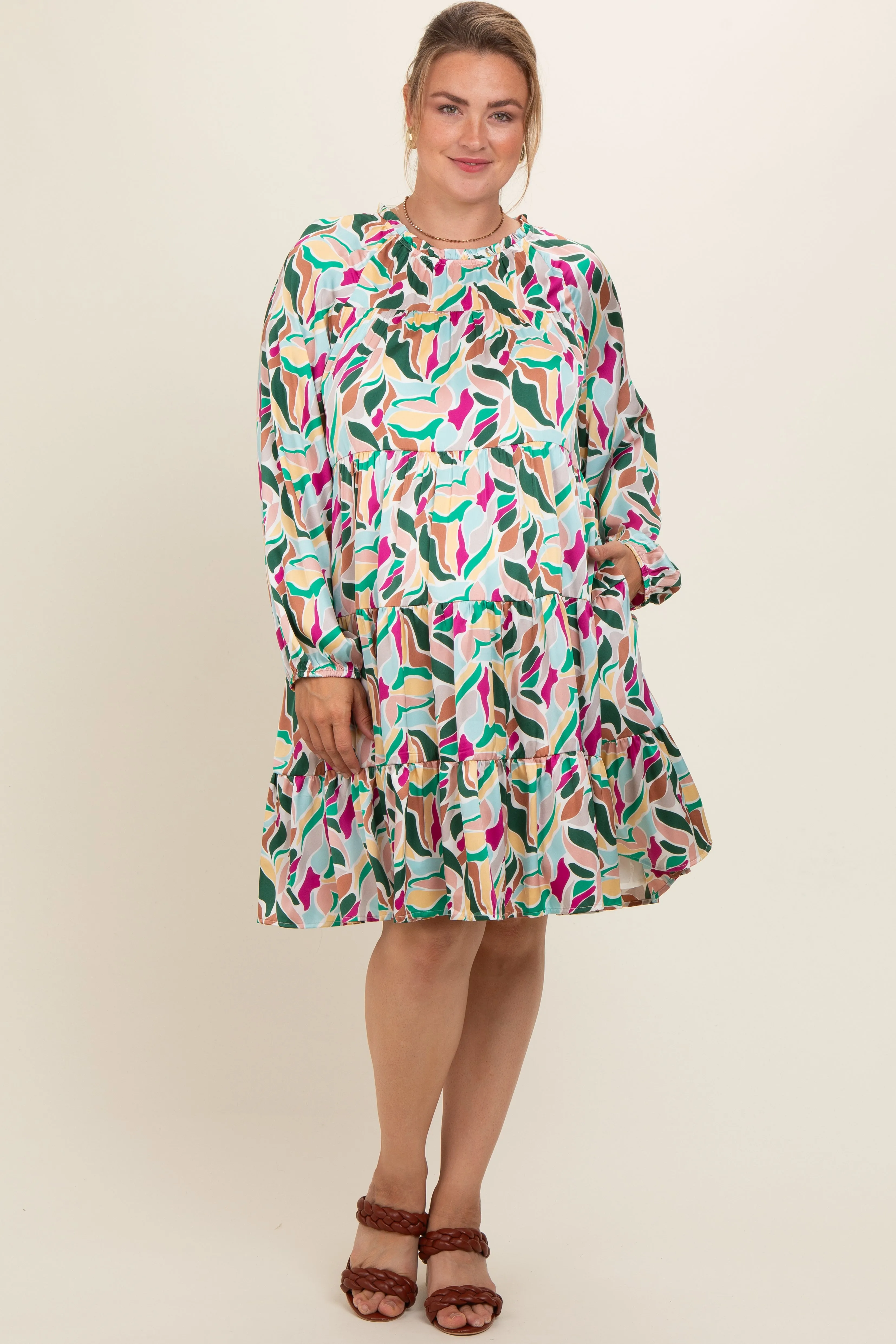 Magenta Print Satin Tiered Maternity Plus Dress sold by Pinkblush