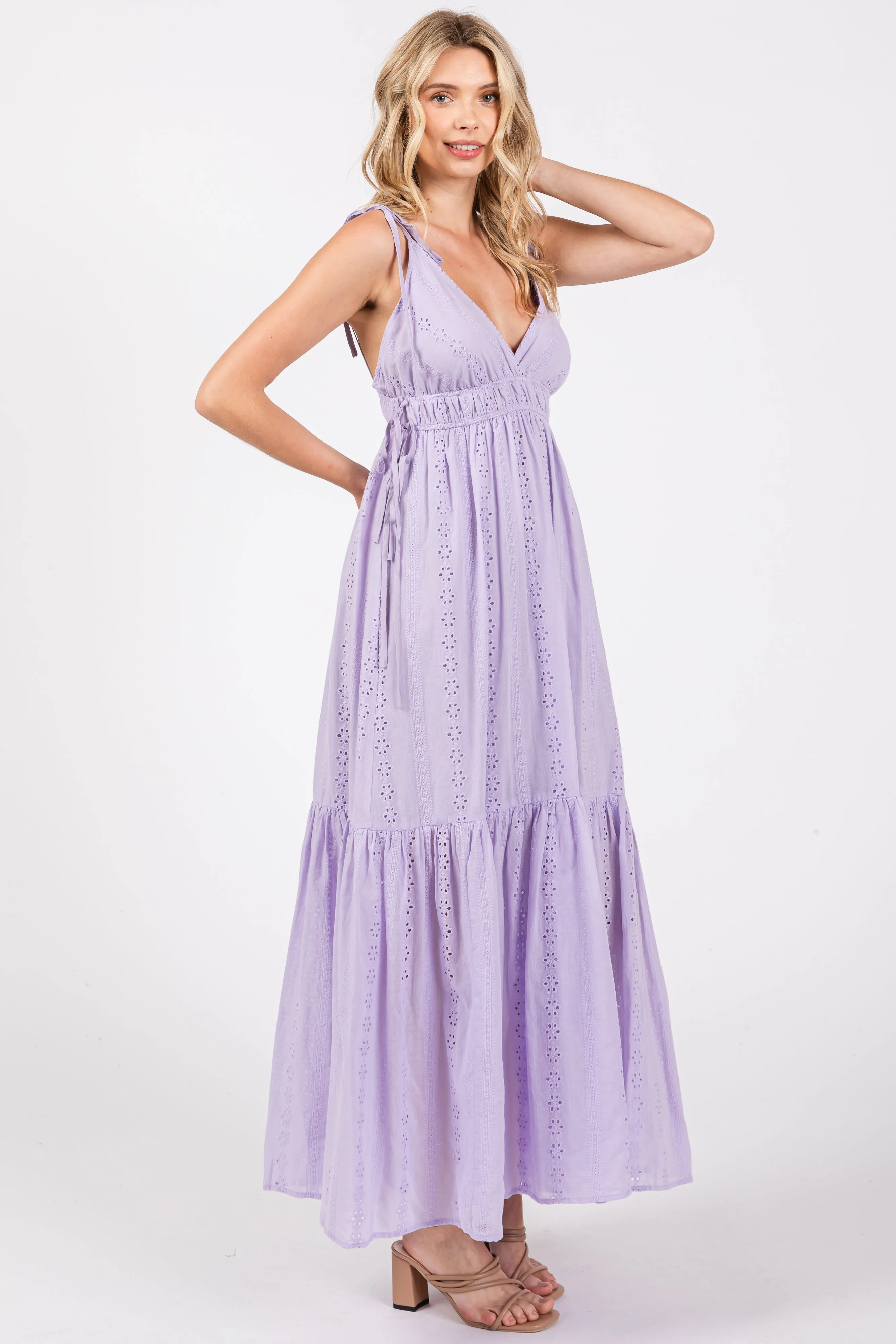 Lavender Floral Eyelet Shoulder Tie Dress sold by Pinkblush product image thumbnail 2
