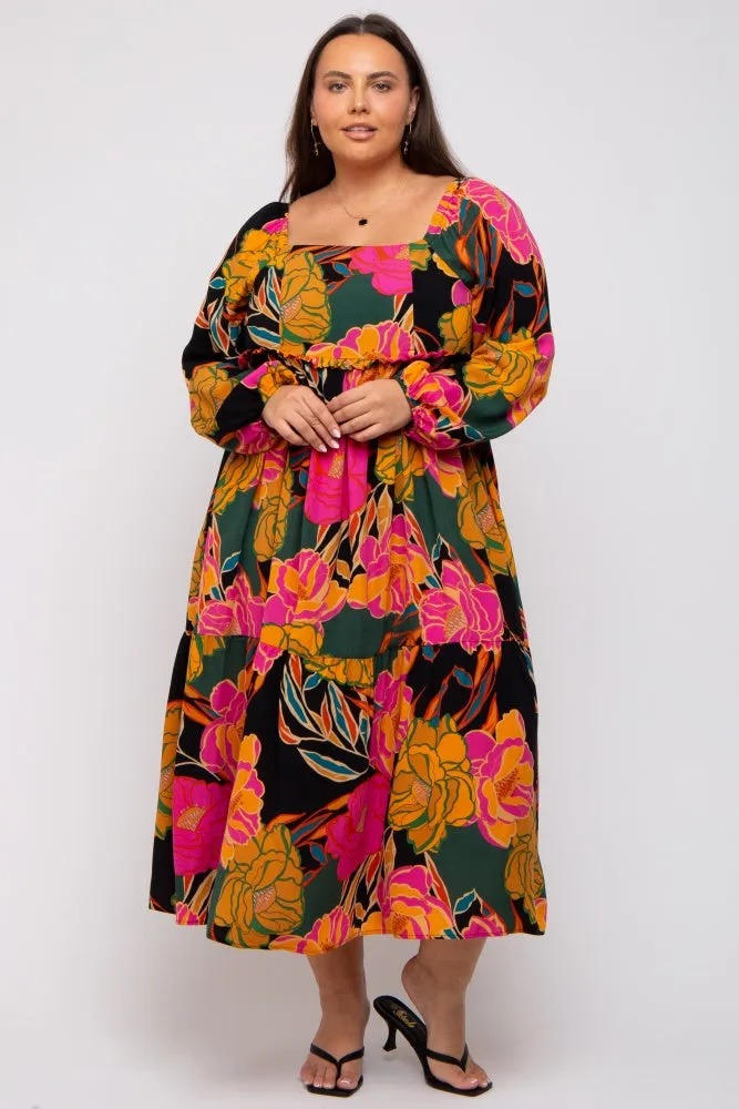 Black Floral Long Sleeve Plus Midi Dress sold by Pinkblush product image thumbnail 5