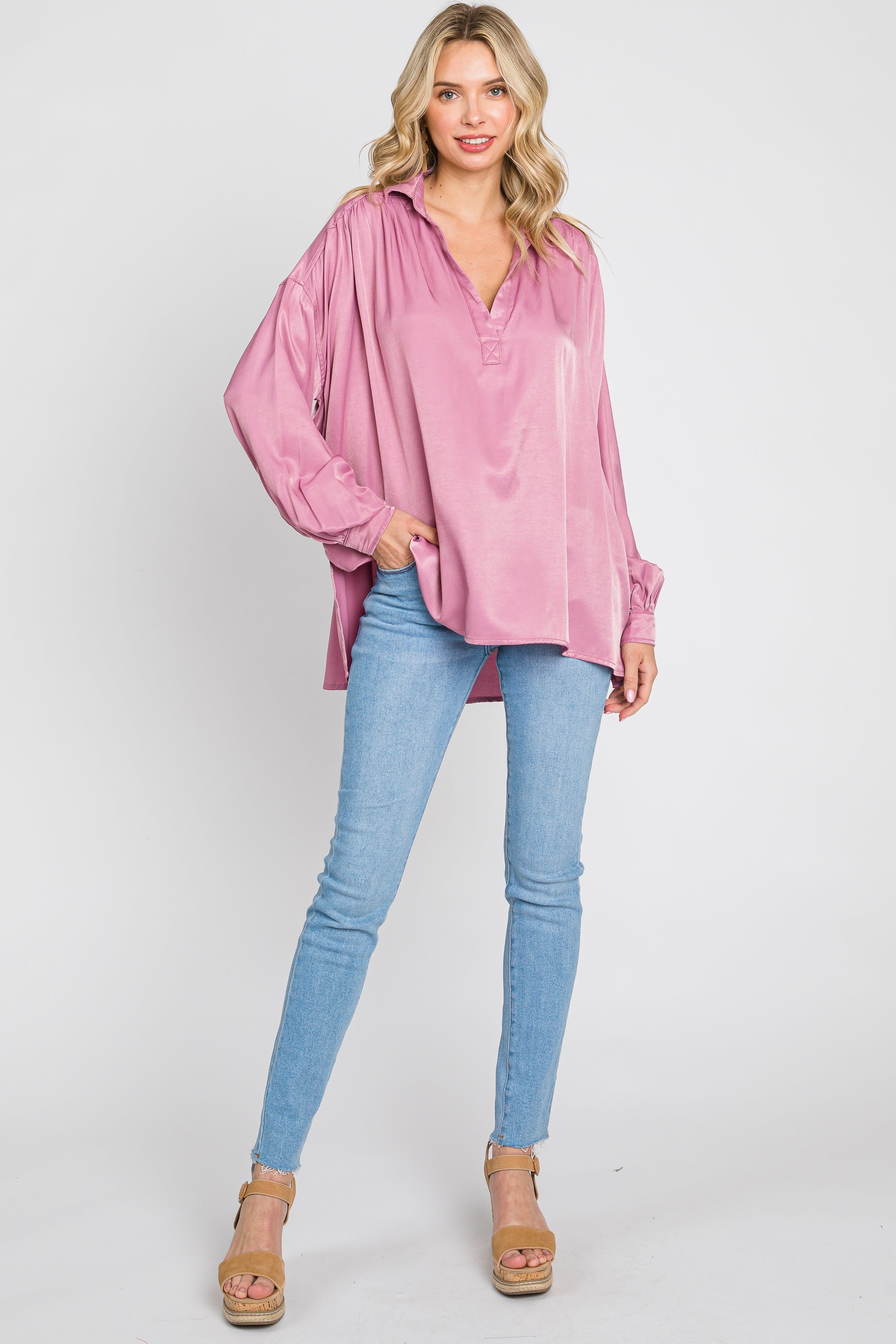 Mauve Silk Collared V-Neck Long Sleeve Blouse sold by Pinkblush product image thumbnail 4