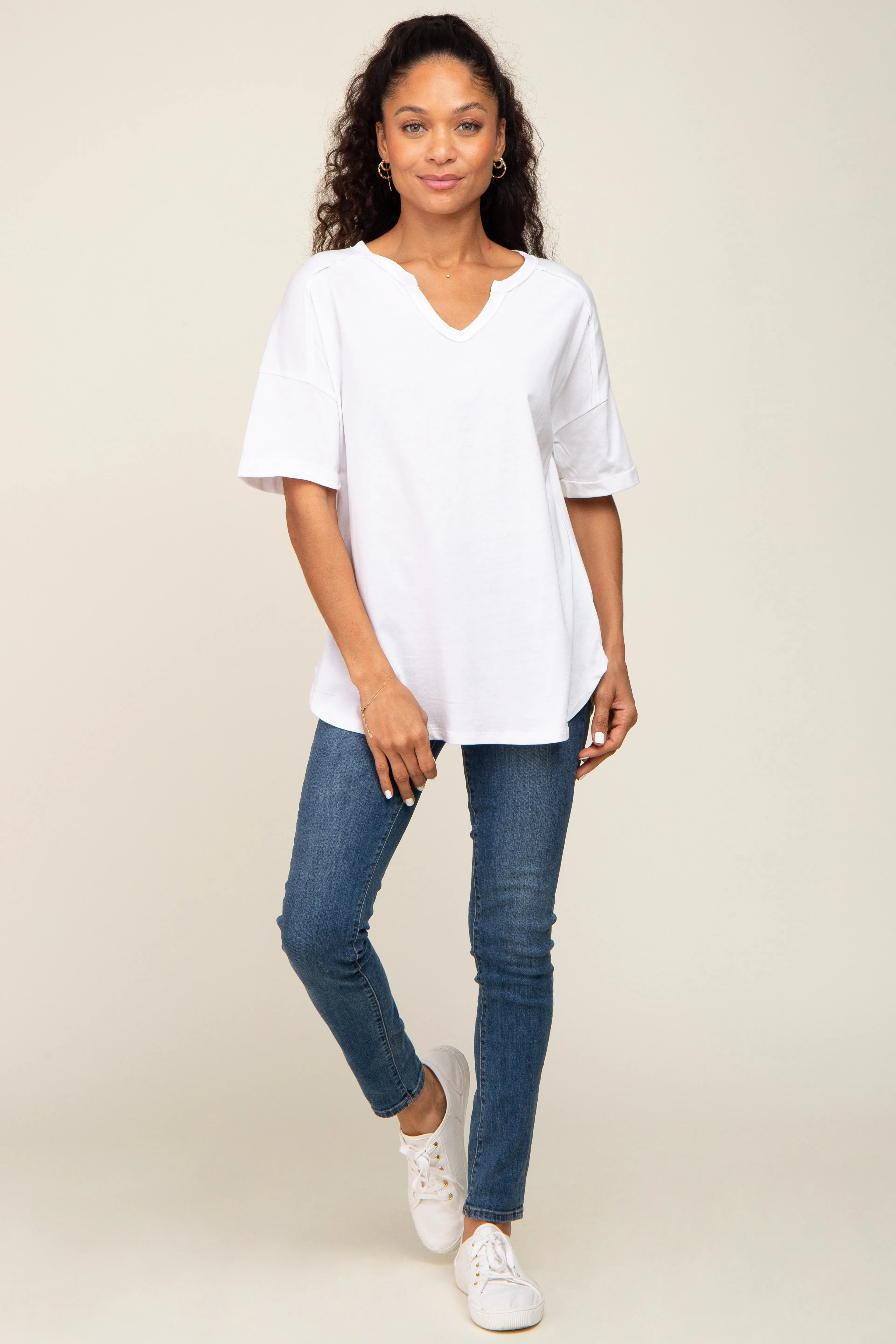 White Oversized V-Neck Cuffed Short Sleeve Tee sold by Pinkblush product image thumbnail 4