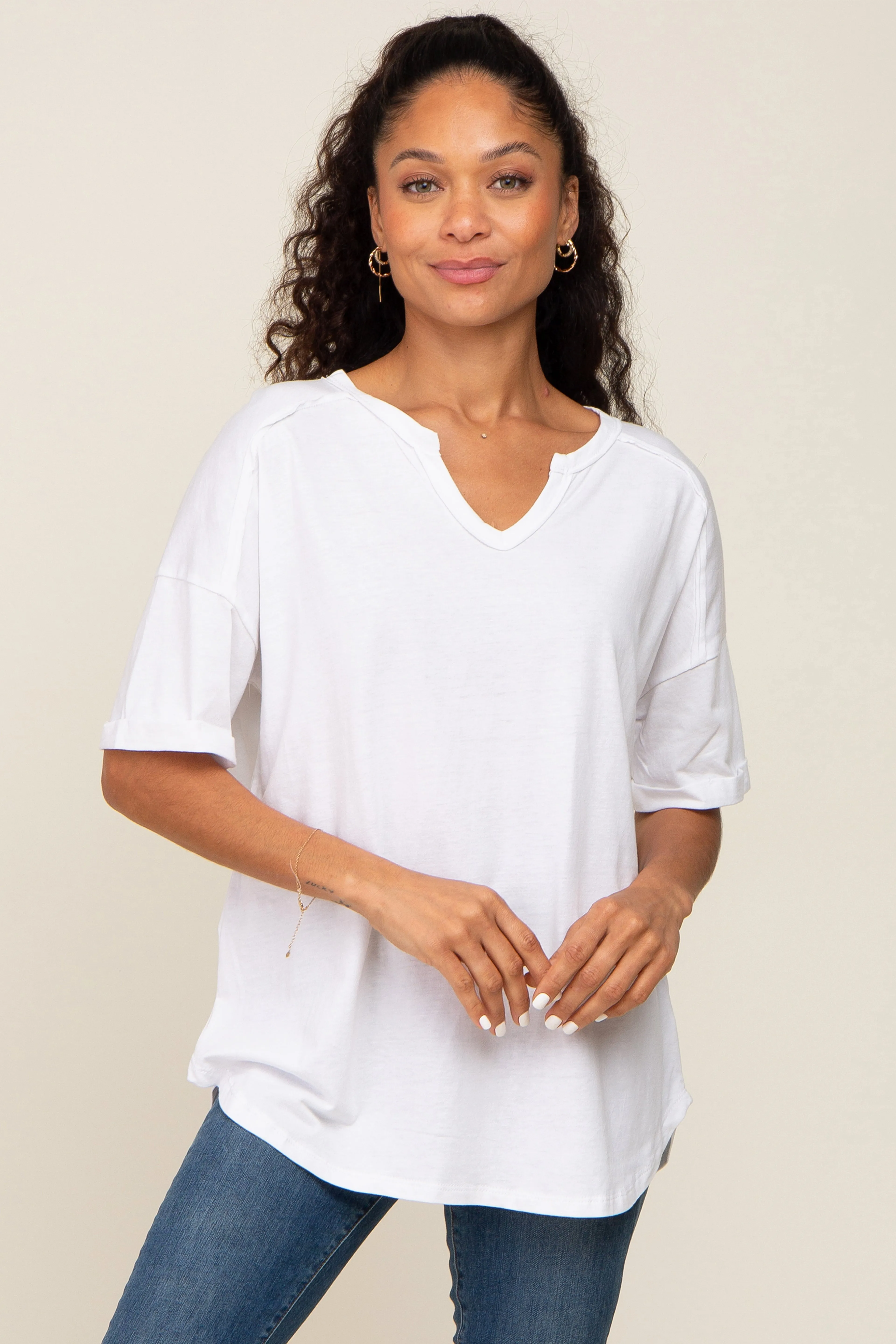 White Oversized V-Neck Cuffed Short Sleeve Tee sold by Pinkblush
