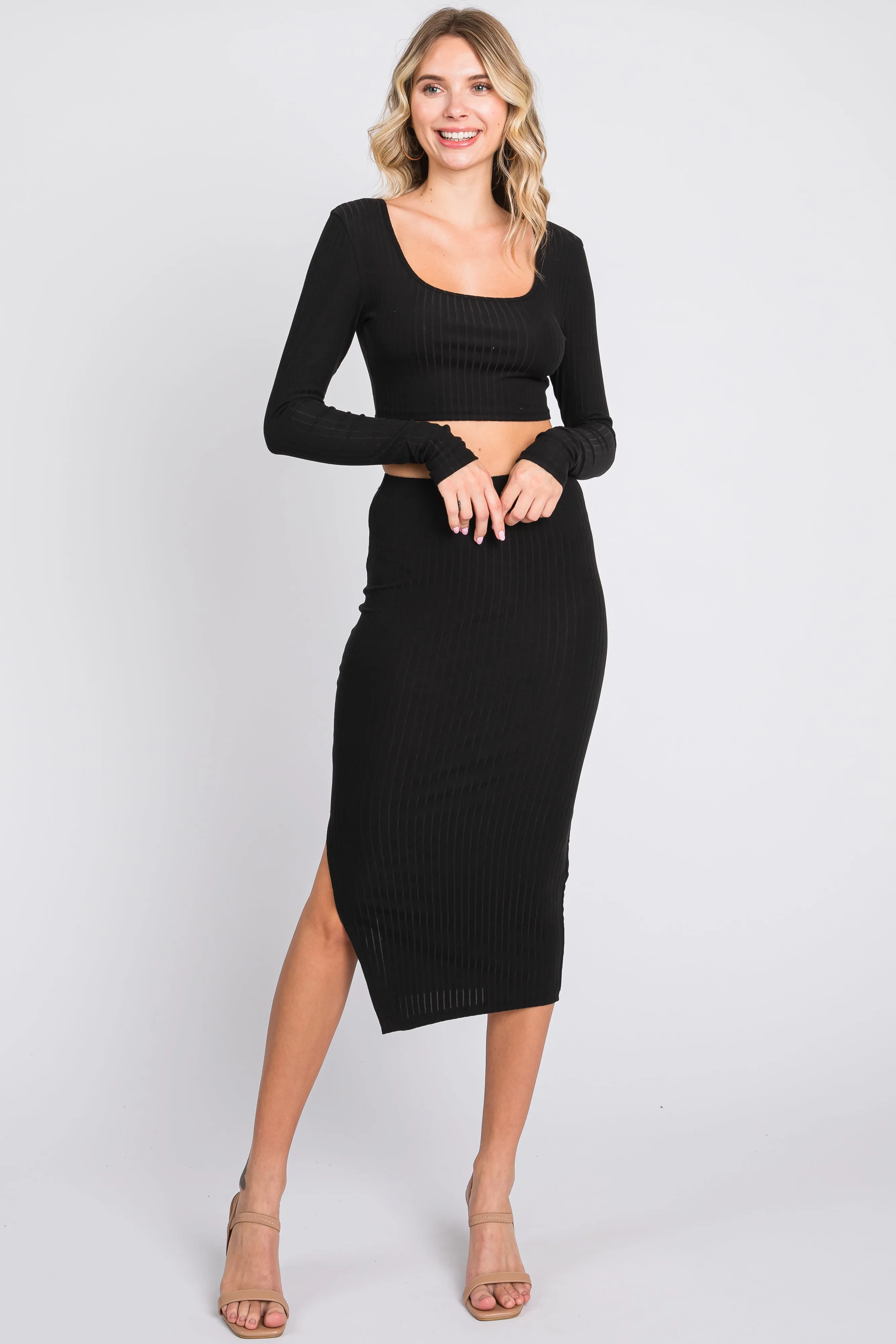 Black Ribbed Crop Top Midi Skirt Set sold by Pinkblush