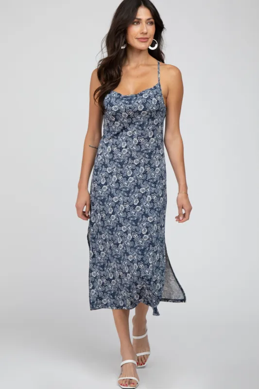 Navy Floral Paisley Side Slit Midi Dress sold by Pinkblush