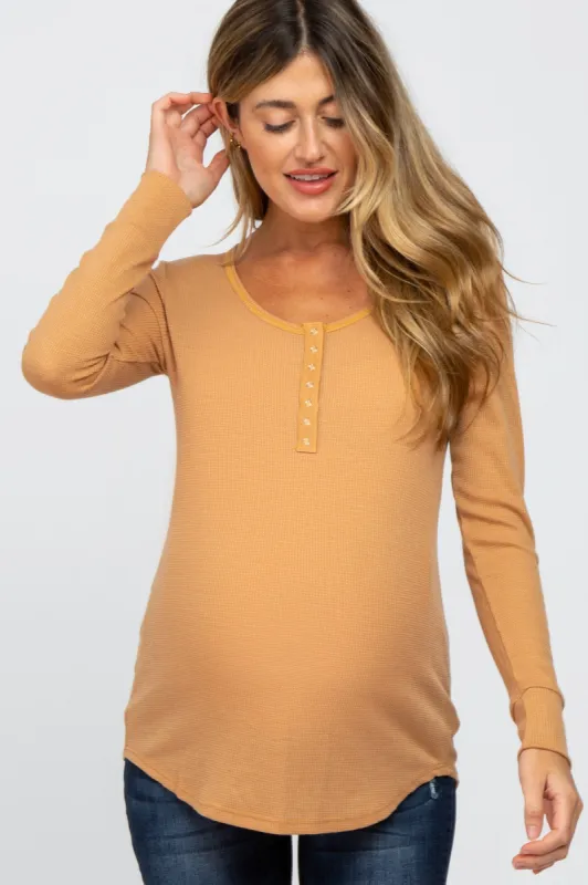 Gold Waffle Knit Front Snap Button Maternity Top sold by Pinkblush