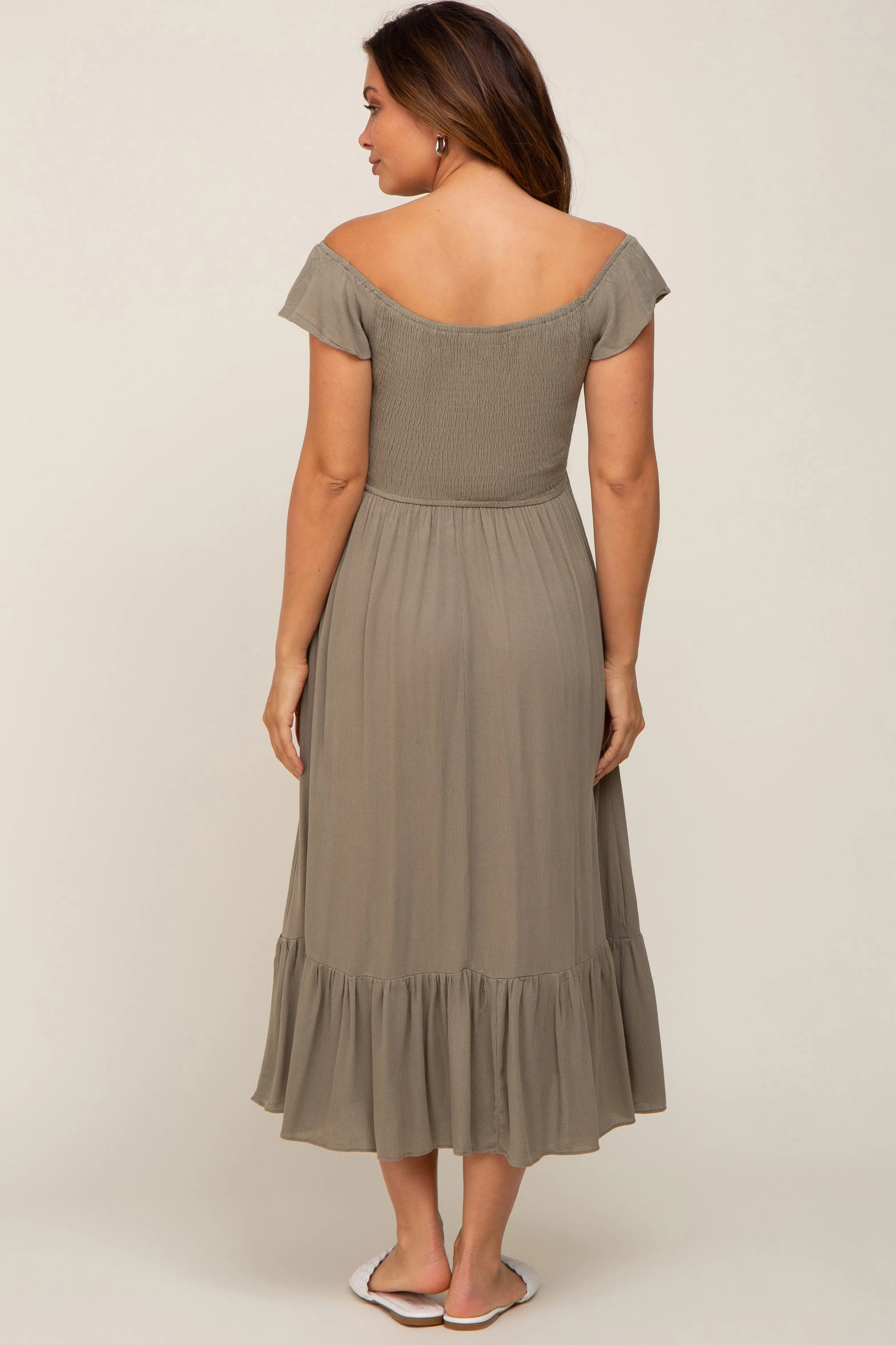 Olive Smocked Ruched Ruffle Hem Maternity Maxi Dress sold by Pinkblush product image thumbnail 4