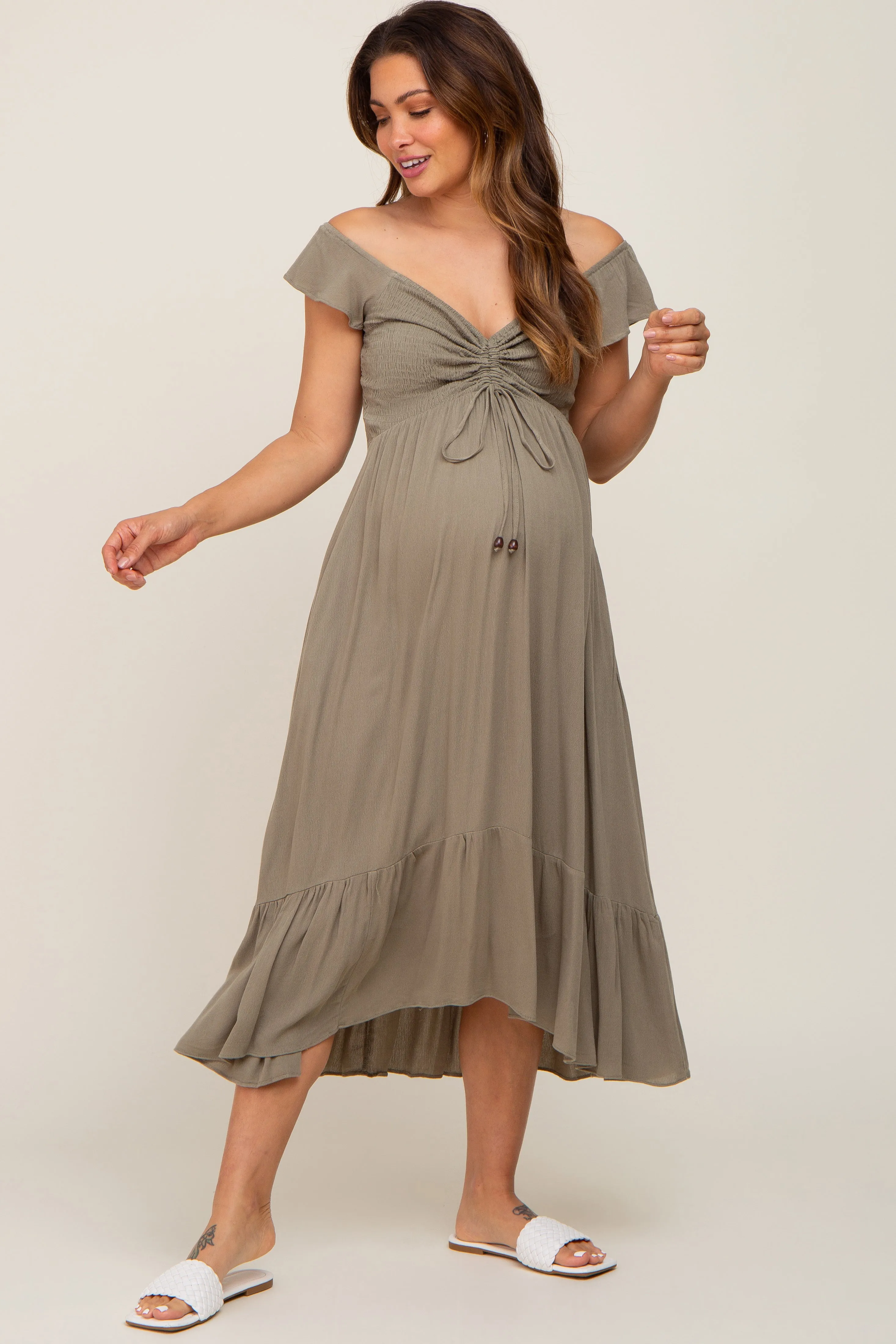 Olive Smocked Ruched Ruffle Hem Maternity Maxi Dress sold by Pinkblush
