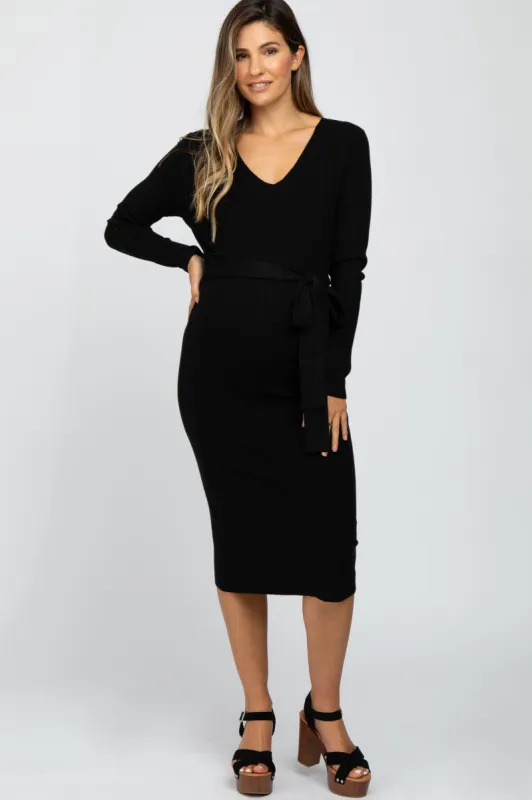 Black Tie Front Maternity Sweater Midi Dress sold by Pinkblush