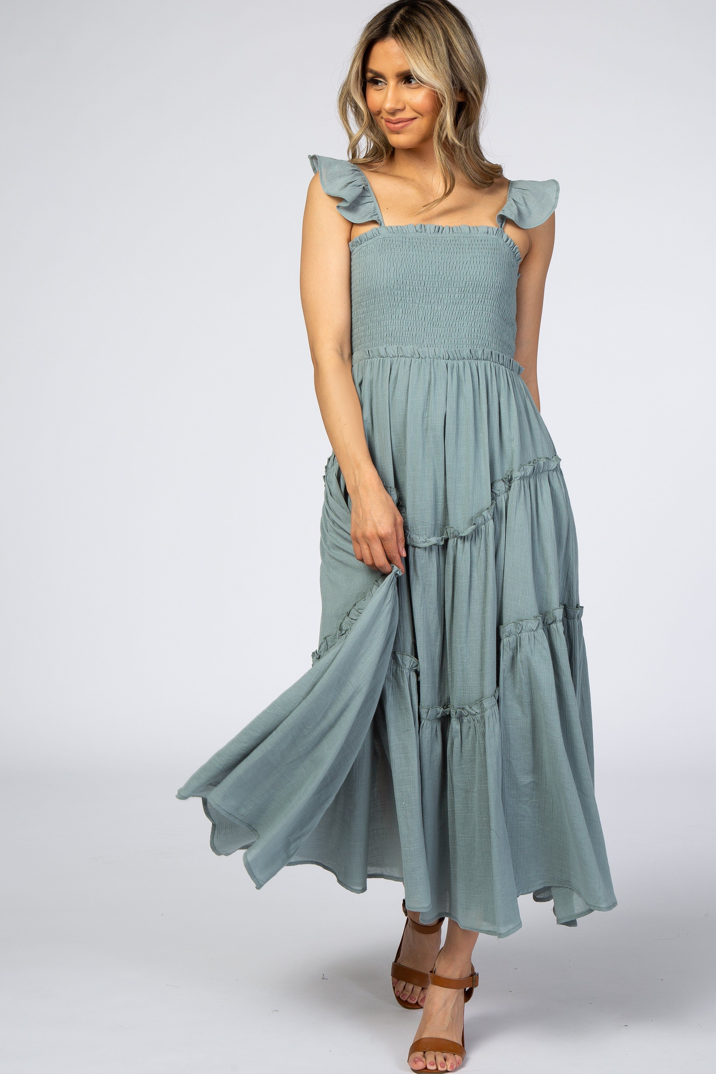 Light Olive Smocked Ruffle Accent Dress sold by Pinkblush