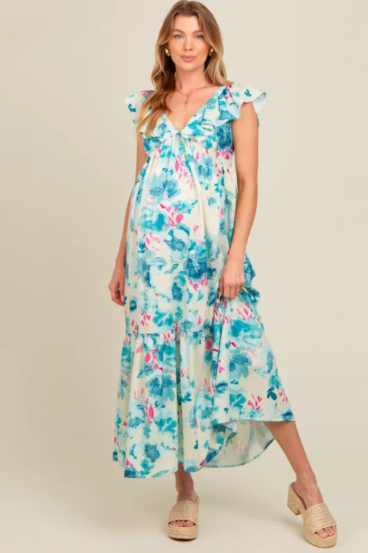 Teal Floral Ruffle Accent V-Neck Maternity Maxi Dress sold by Pinkblush