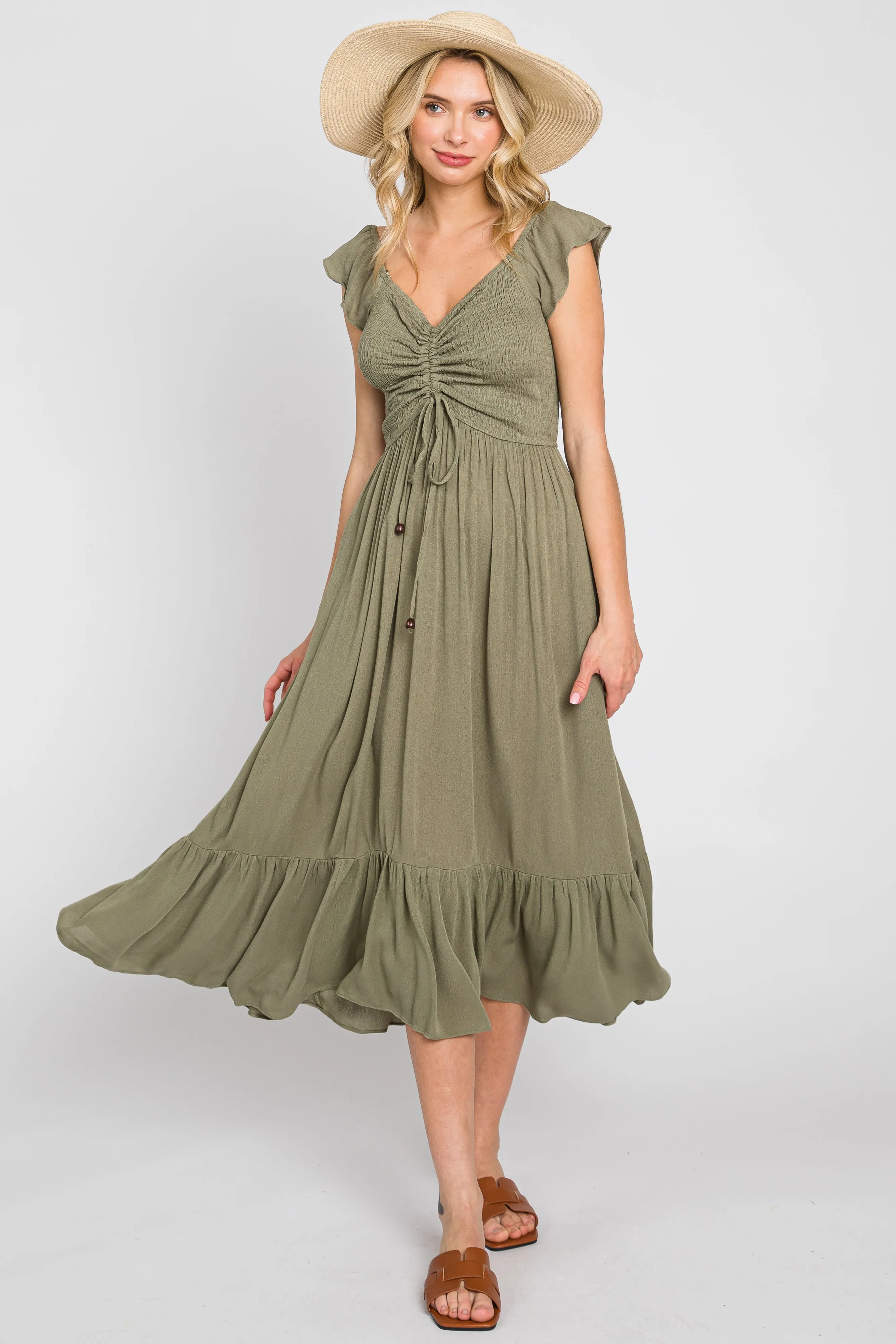 Olive Smocked Ruched Ruffle Hem Maternity Maxi Dress sold by Pinkblush product image thumbnail 5