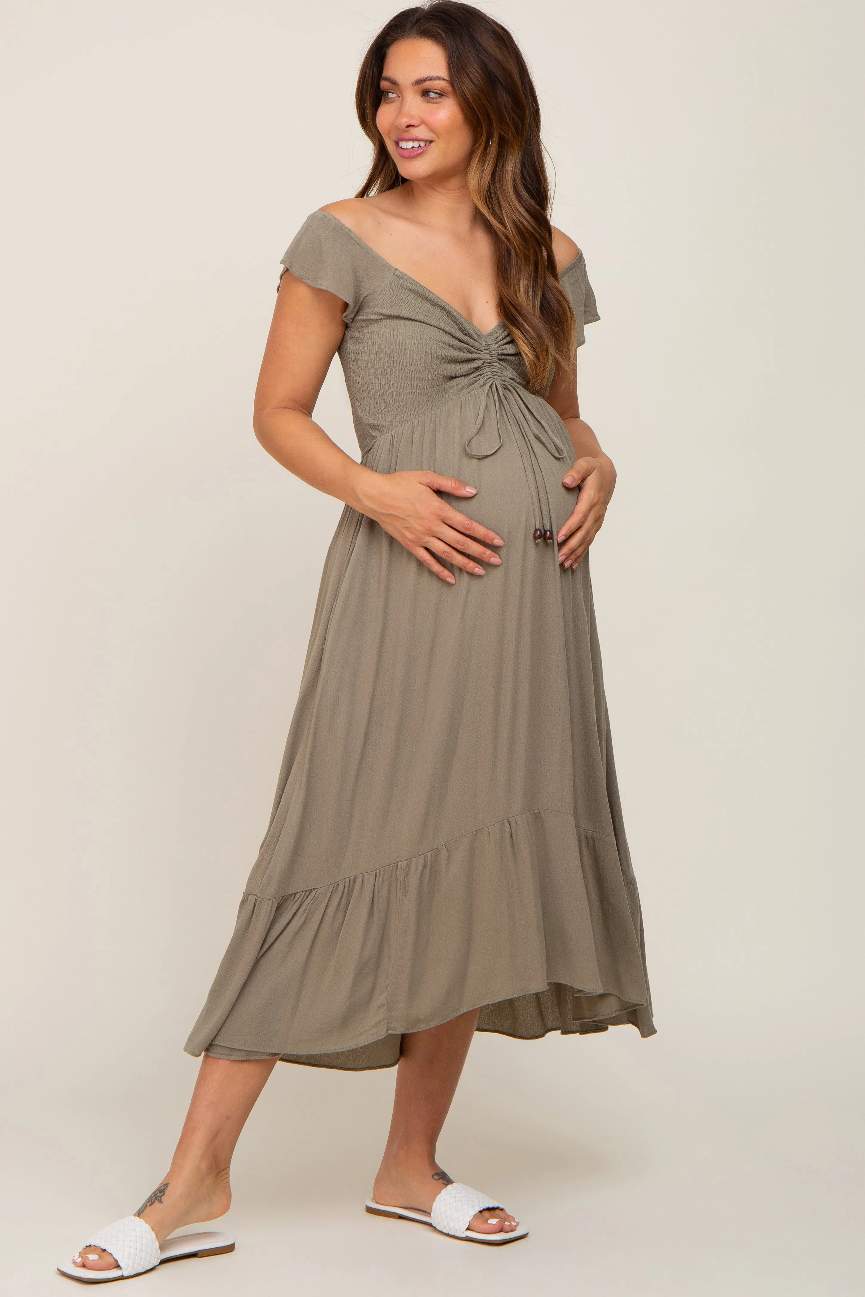 Olive Smocked Ruched Ruffle Hem Maternity Maxi Dress sold by Pinkblush product image thumbnail 2