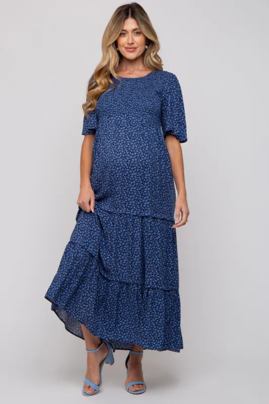 Blue Ditsy Floral Smocked Ruffle Tiered Maternity Midi Dress sold by Pinkblush