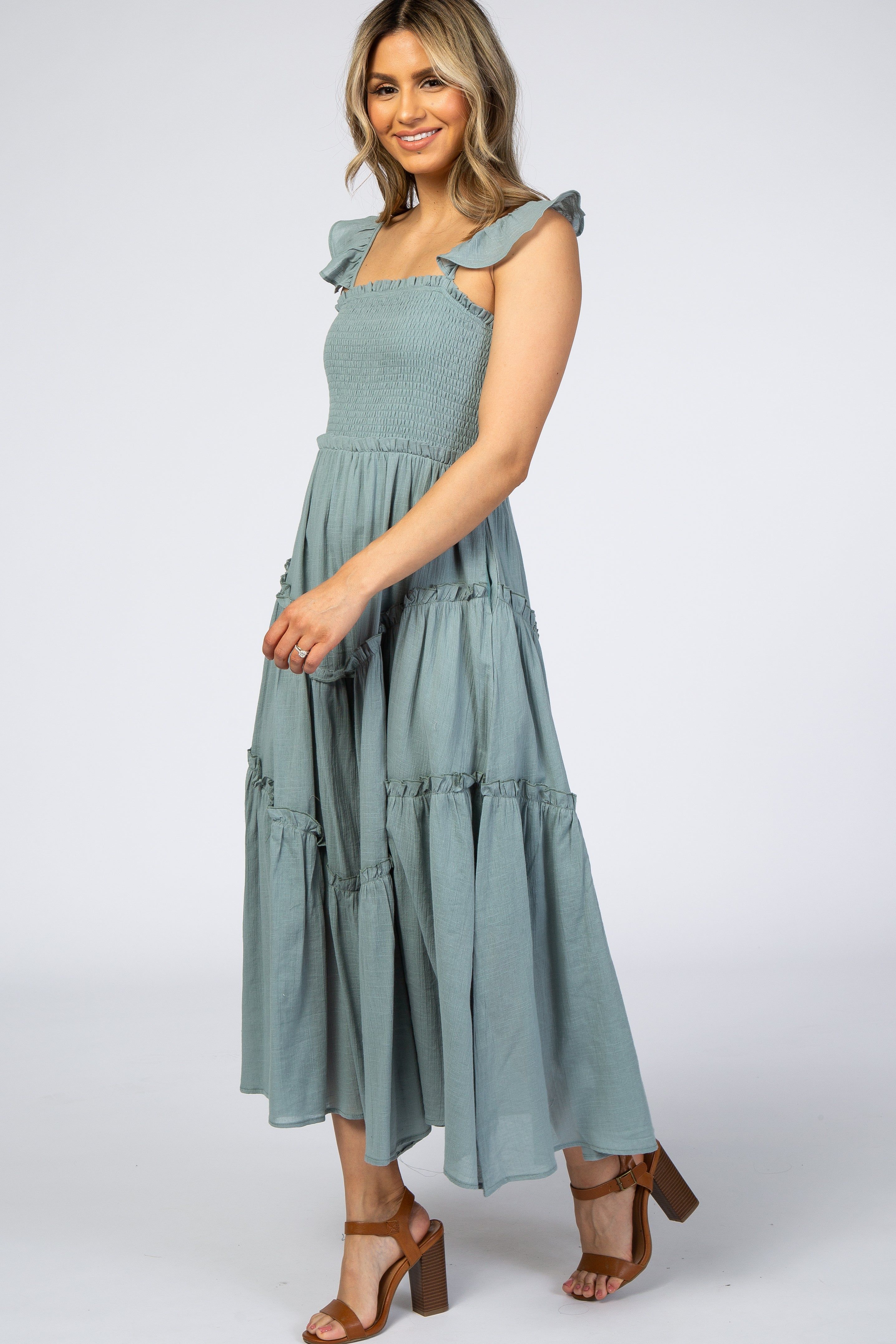 Light Olive Smocked Ruffle Accent Dress sold by Pinkblush product image thumbnail 2