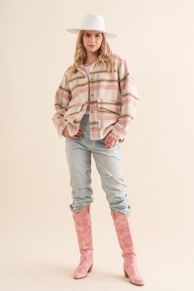 Pink Taupe Brushed Plaid Collared Shirt Jacket sold by Pinkblush product image thumbnail 3