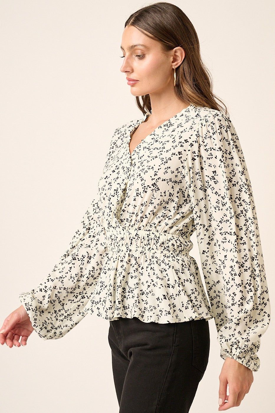 Ivory Flower Print Surplice Front Blouse sold by Pinkblush product image thumbnail 2