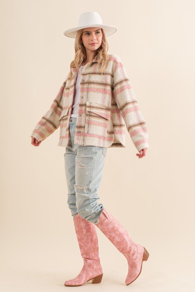 Pink Taupe Brushed Plaid Collared Shirt Jacket sold by Pinkblush product image thumbnail 4