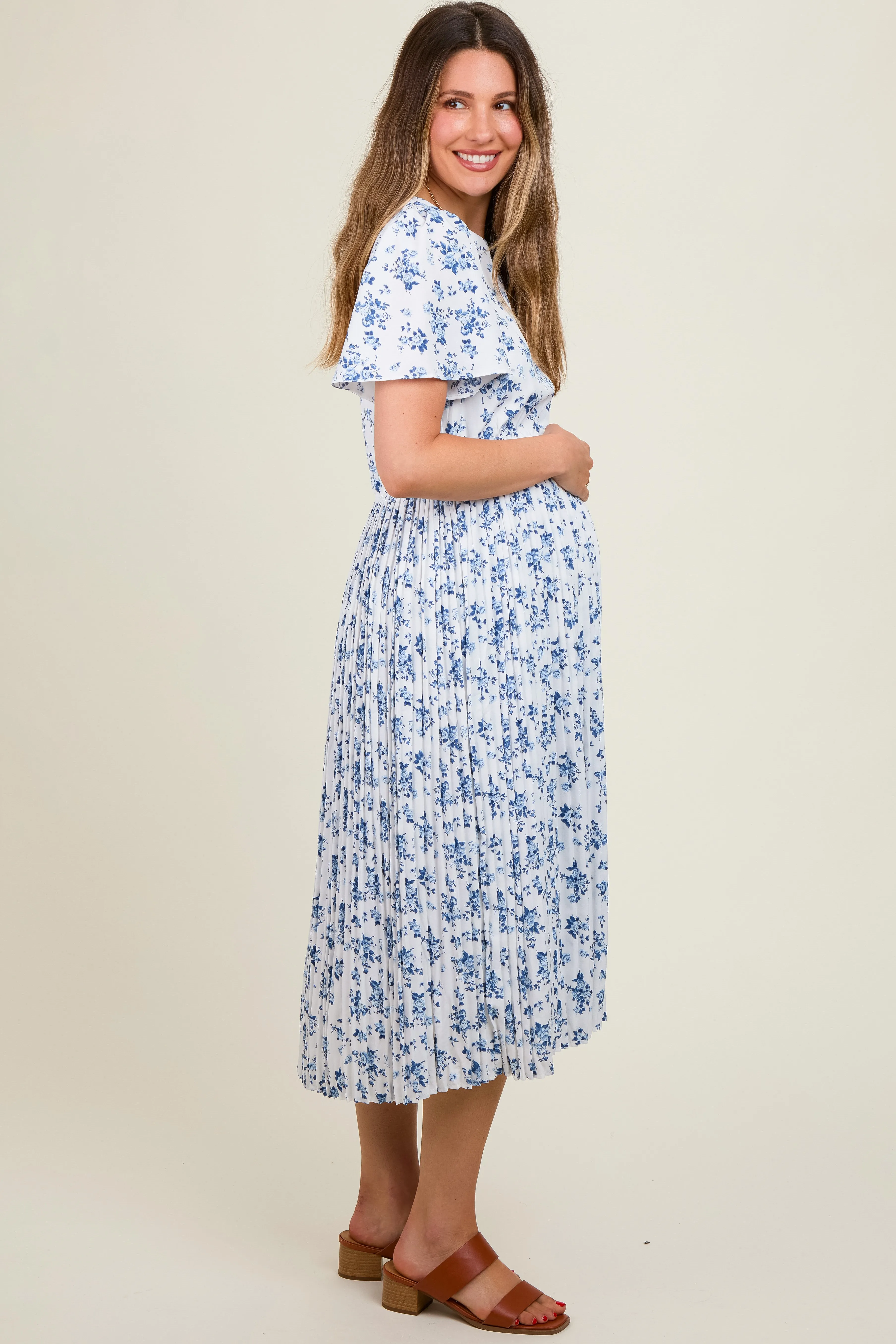 Blue Floral Peated Maternity Midi Dress sold by Pinkblush product image thumbnail 3