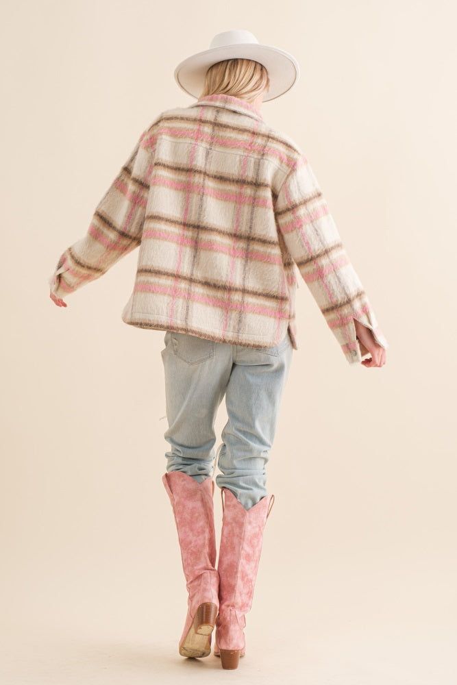 Pink Taupe Brushed Plaid Collared Shirt Jacket sold by Pinkblush product image thumbnail 5