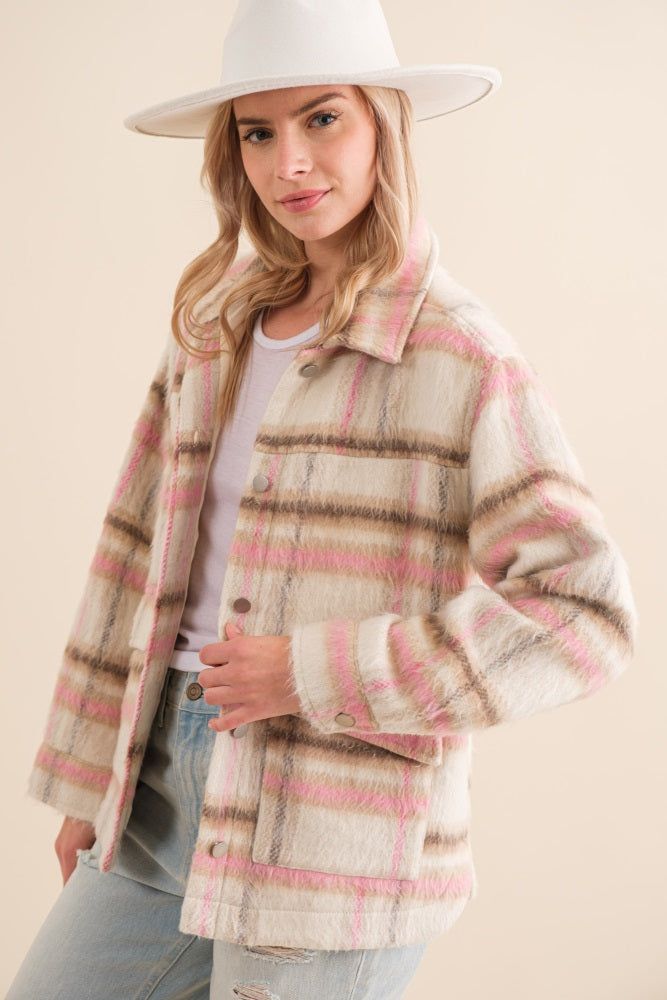 Pink Taupe Brushed Plaid Collared Shirt Jacket sold by Pinkblush product image thumbnail 2