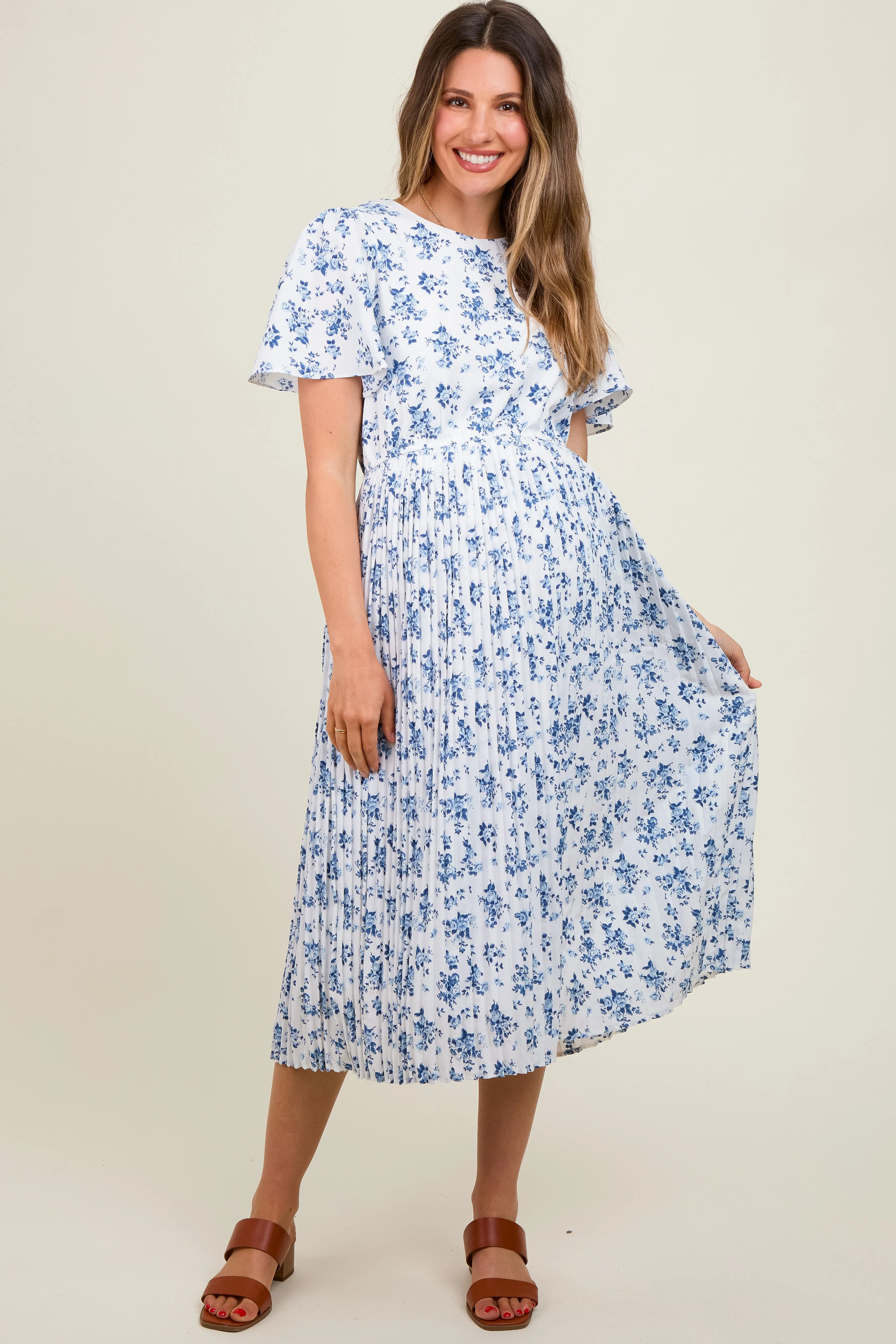 Blue Floral Peated Maternity Midi Dress sold by Pinkblush