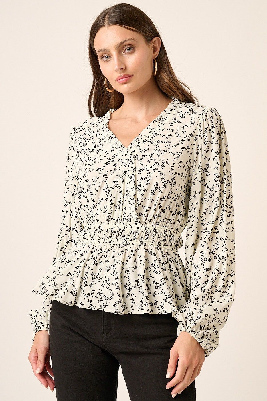 Ivory Flower Print Surplice Front Blouse sold by Pinkblush