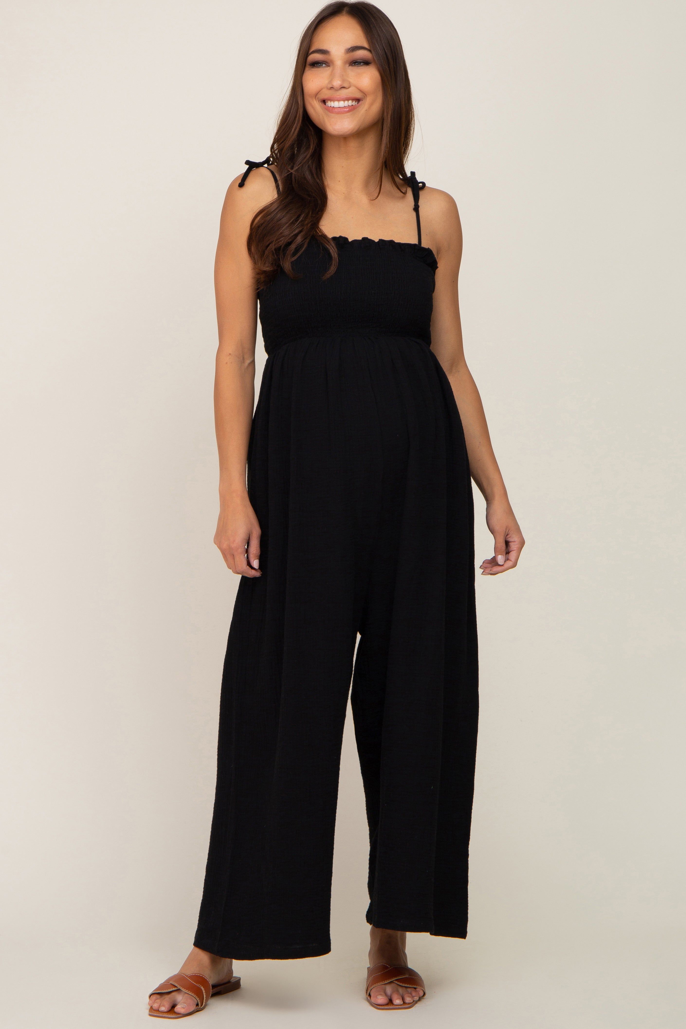 Black Sleeveless Cropped Maternity Jumpsuit sold by Pinkblush