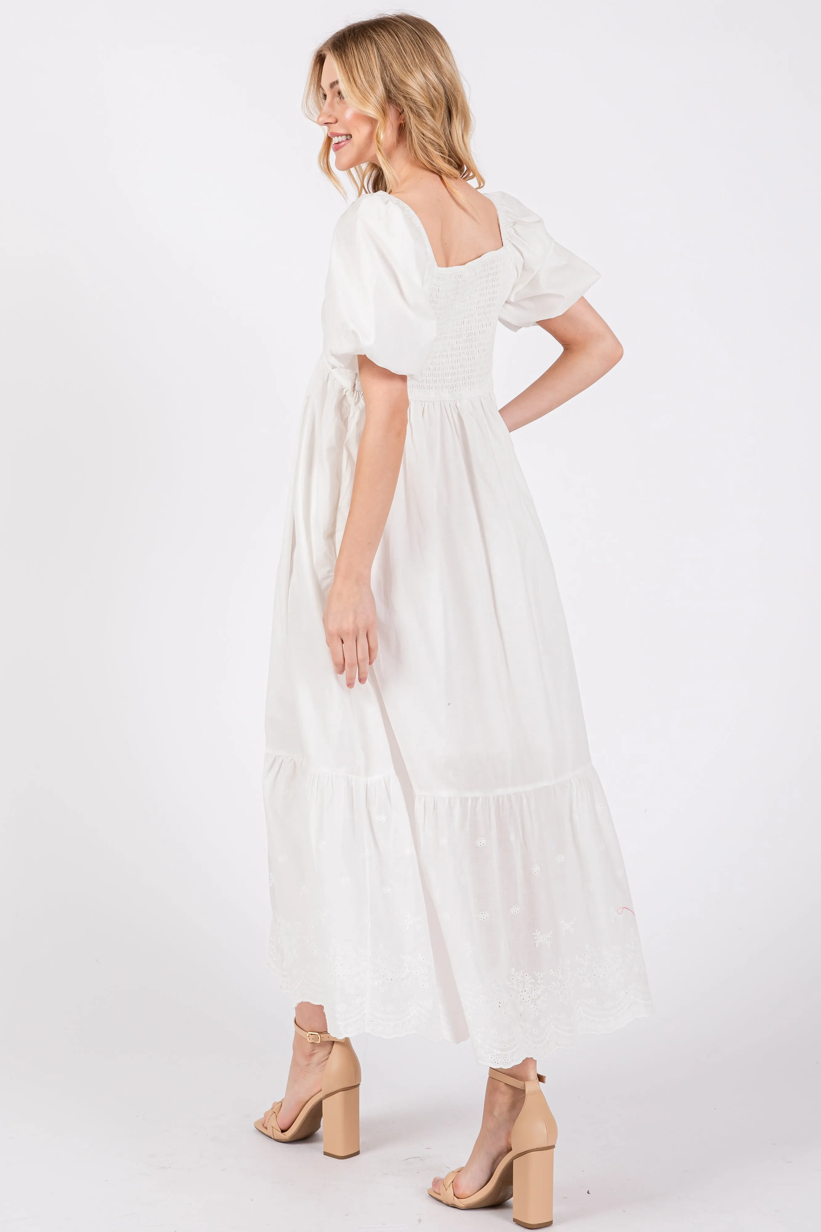 Ivory Eyelet Scalloped V-Neck Short Puff Sleeve Midi Dress sold by Pinkblush product image thumbnail 3