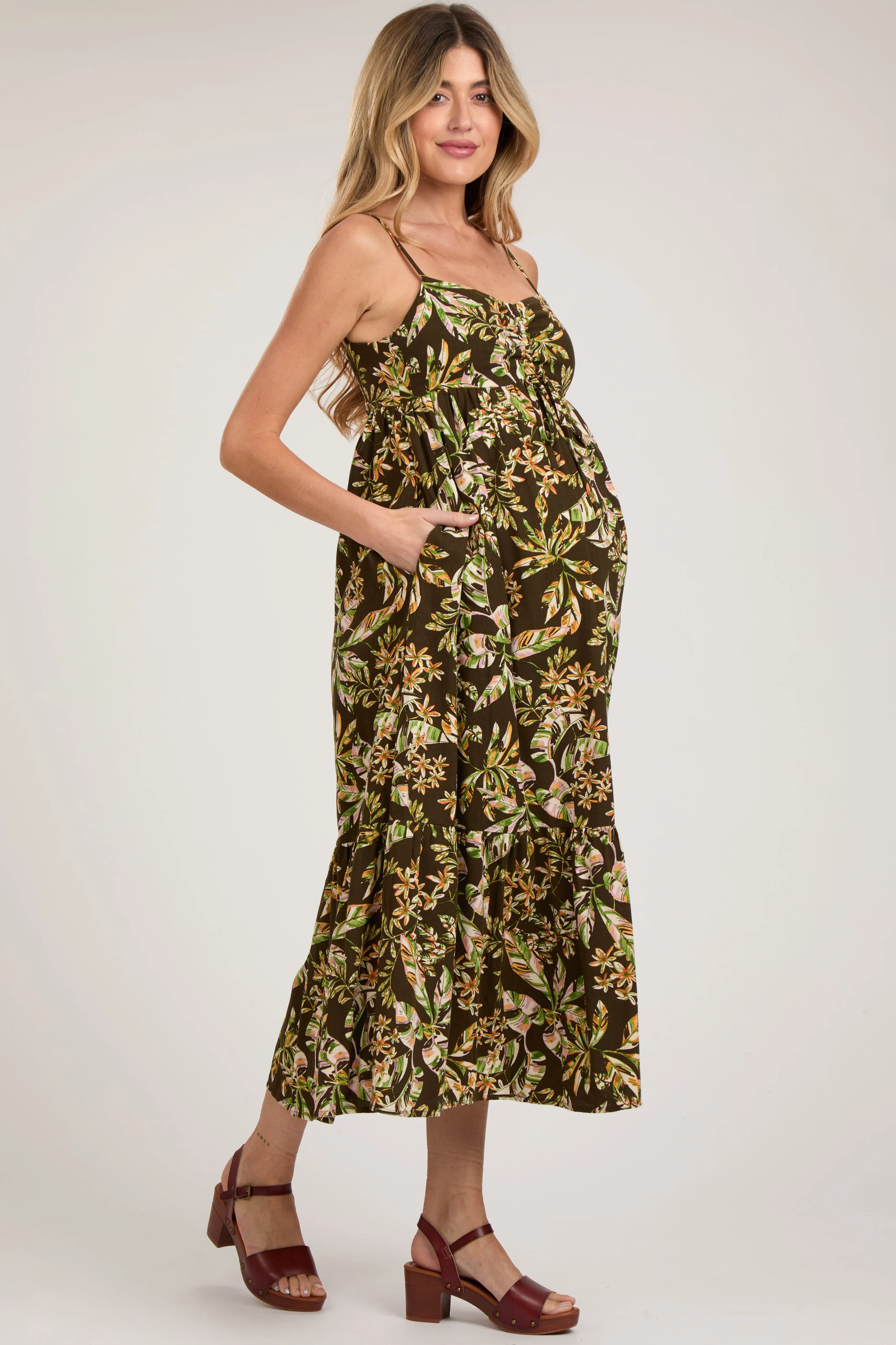 Brown Floral Sleeveless Front Cinched Maternity Midi Dress sold by Pinkblush product image thumbnail 3