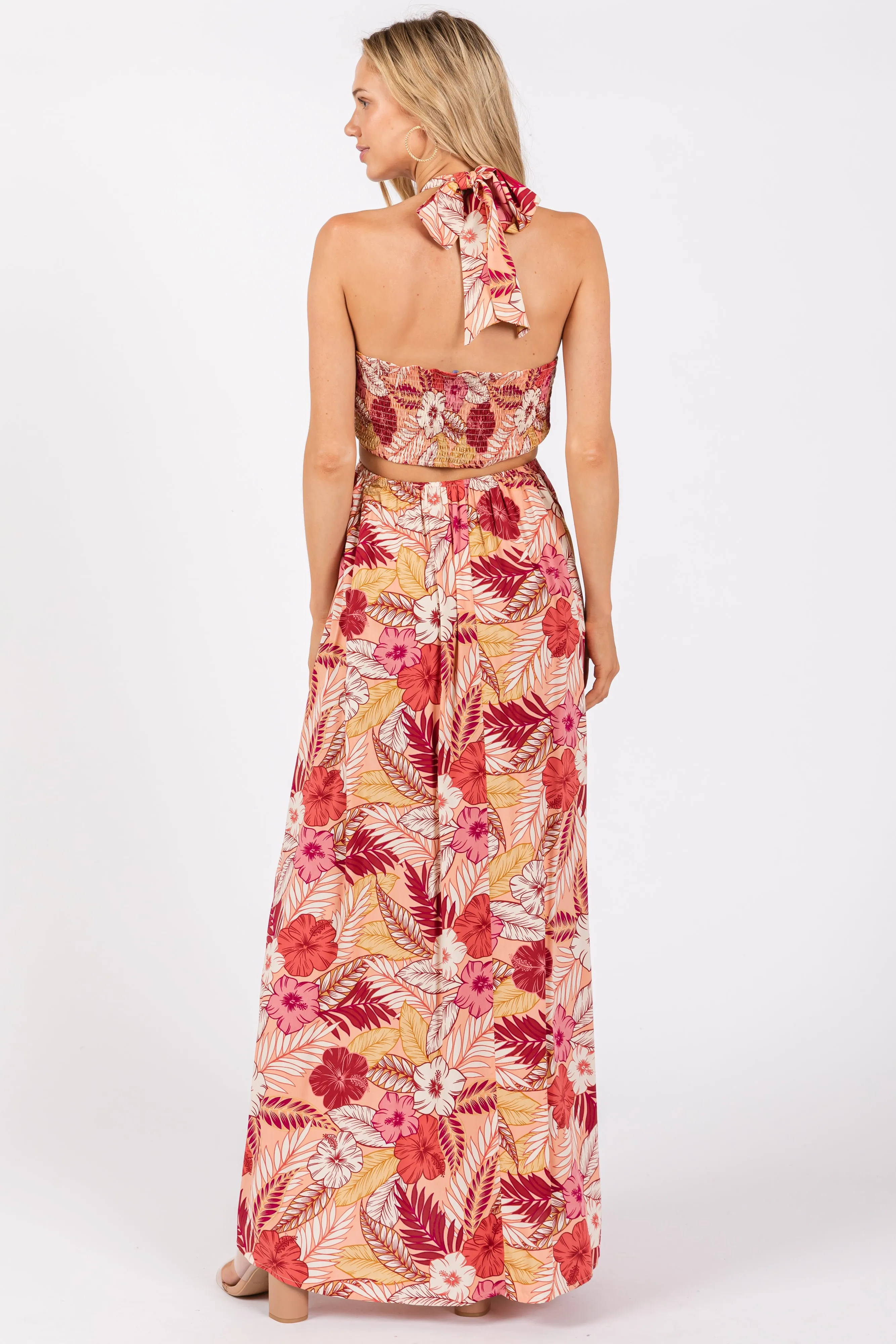 Peach Tropical Print Cutout Halter Neck Maxi Dress sold by Pinkblush product image thumbnail 4