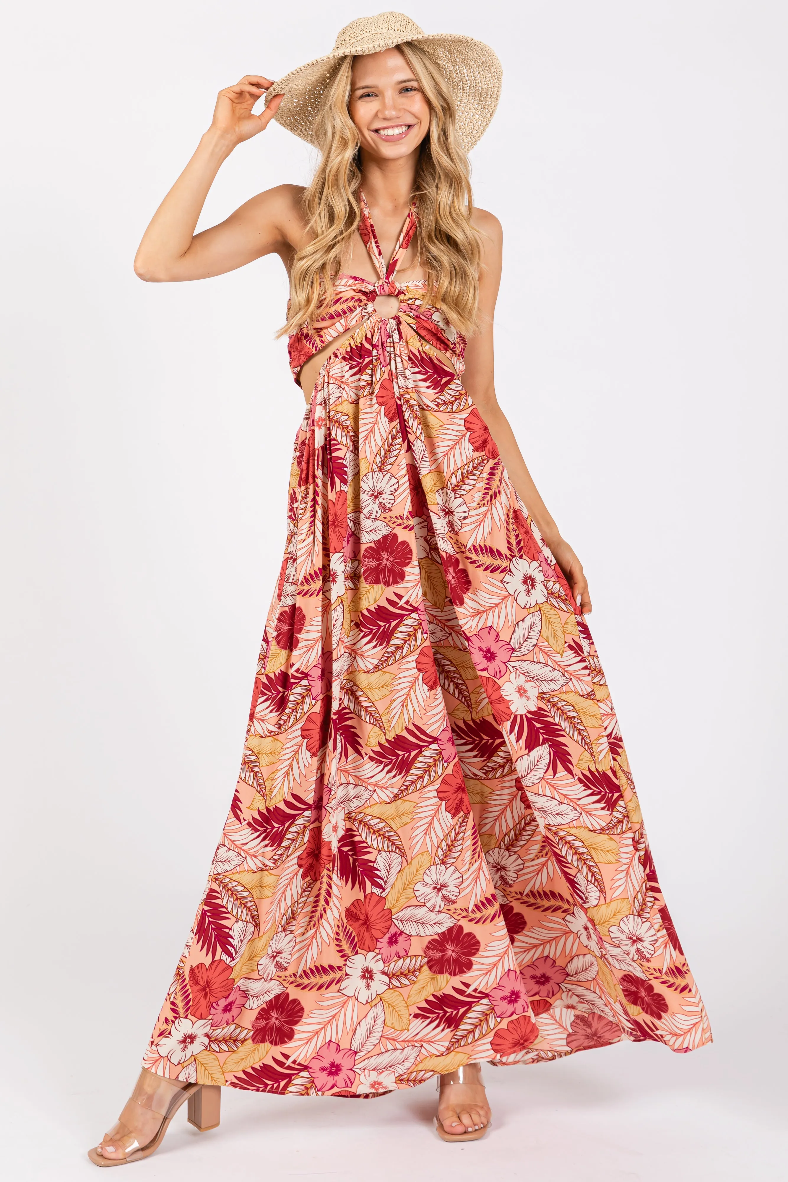 Peach Tropical Print Cutout Halter Neck Maxi Dress sold by Pinkblush