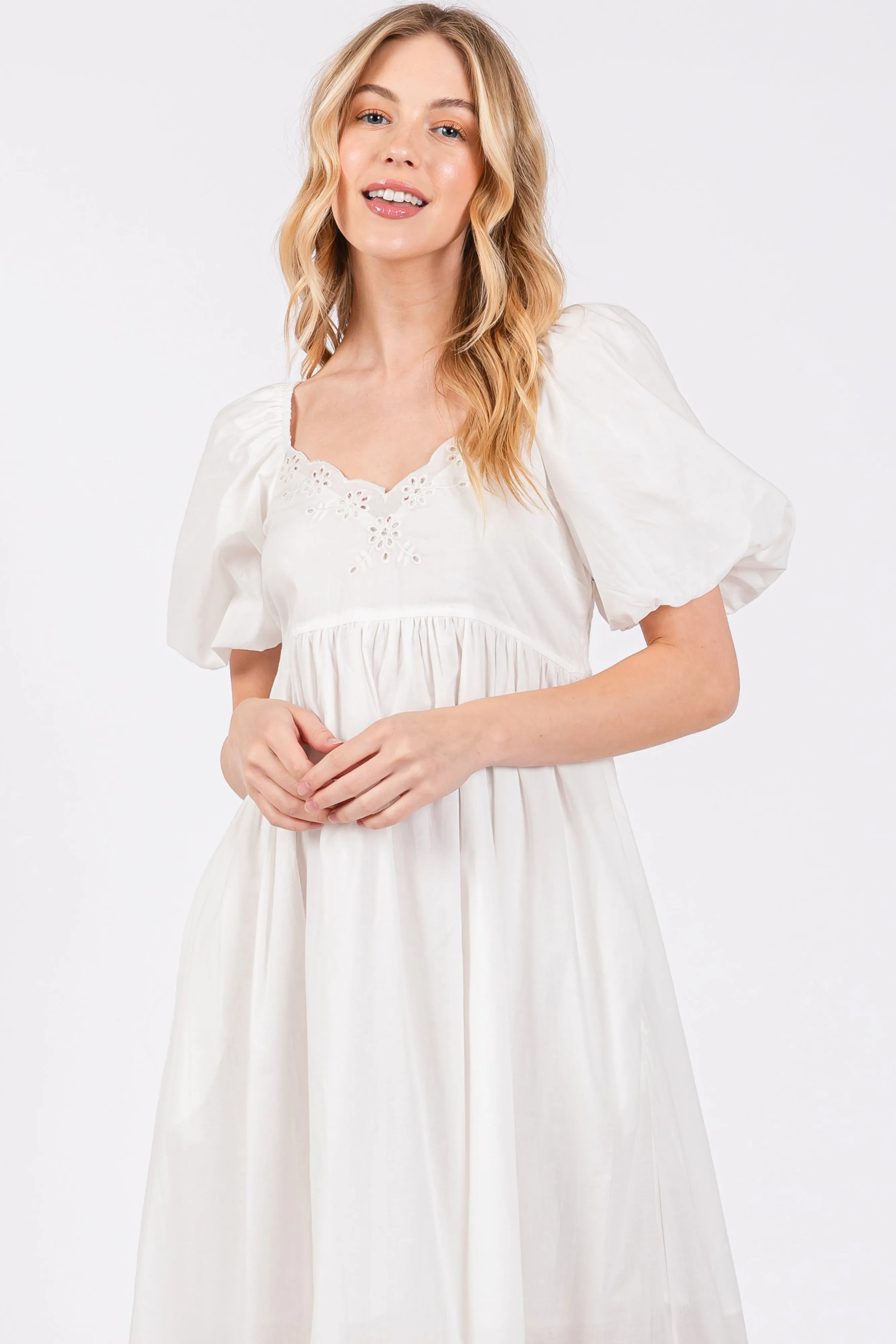 Ivory Eyelet Scalloped V-Neck Short Puff Sleeve Midi Dress sold by Pinkblush product image thumbnail 4