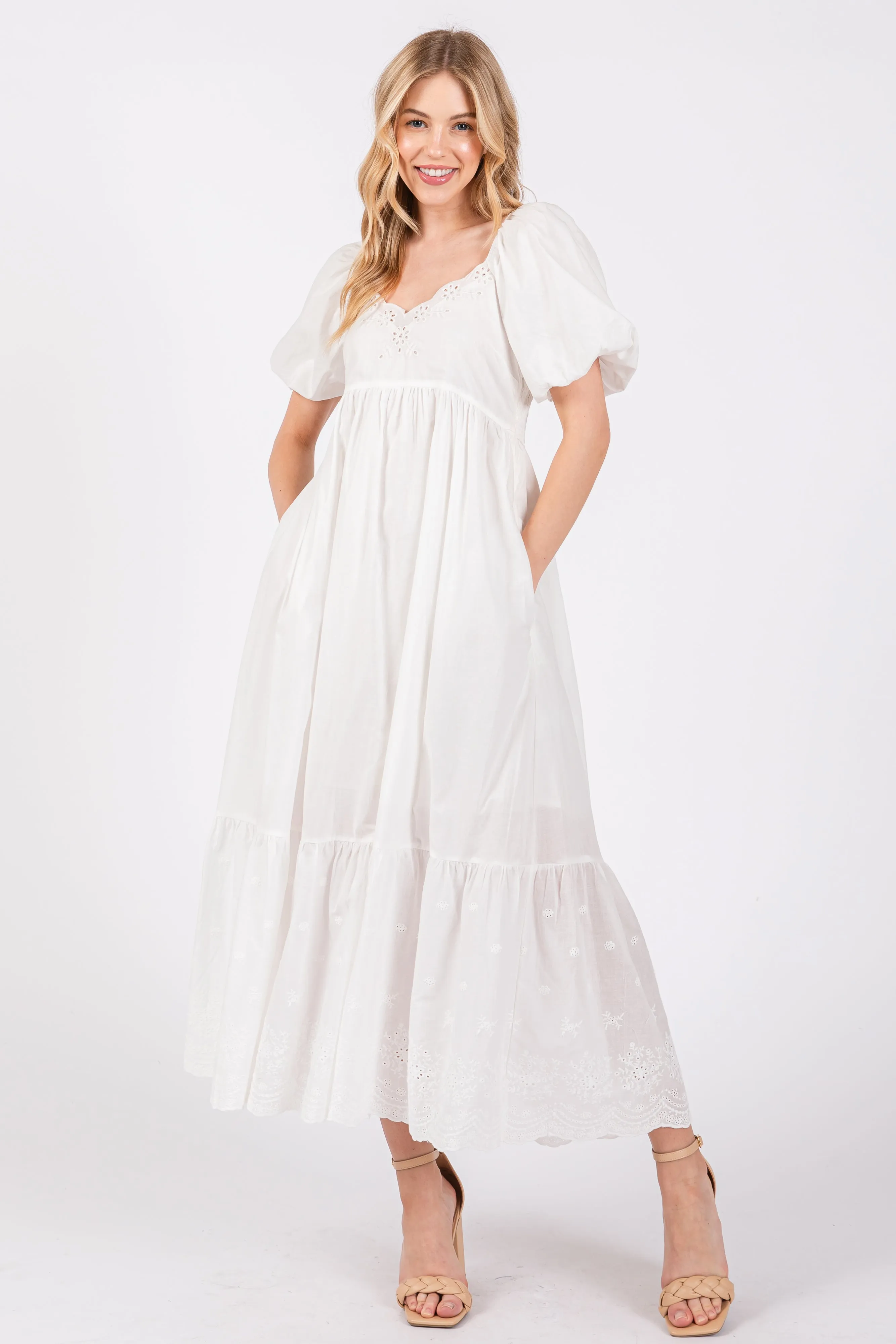 Ivory Eyelet Scalloped V-Neck Short Puff Sleeve Midi Dress sold by Pinkblush