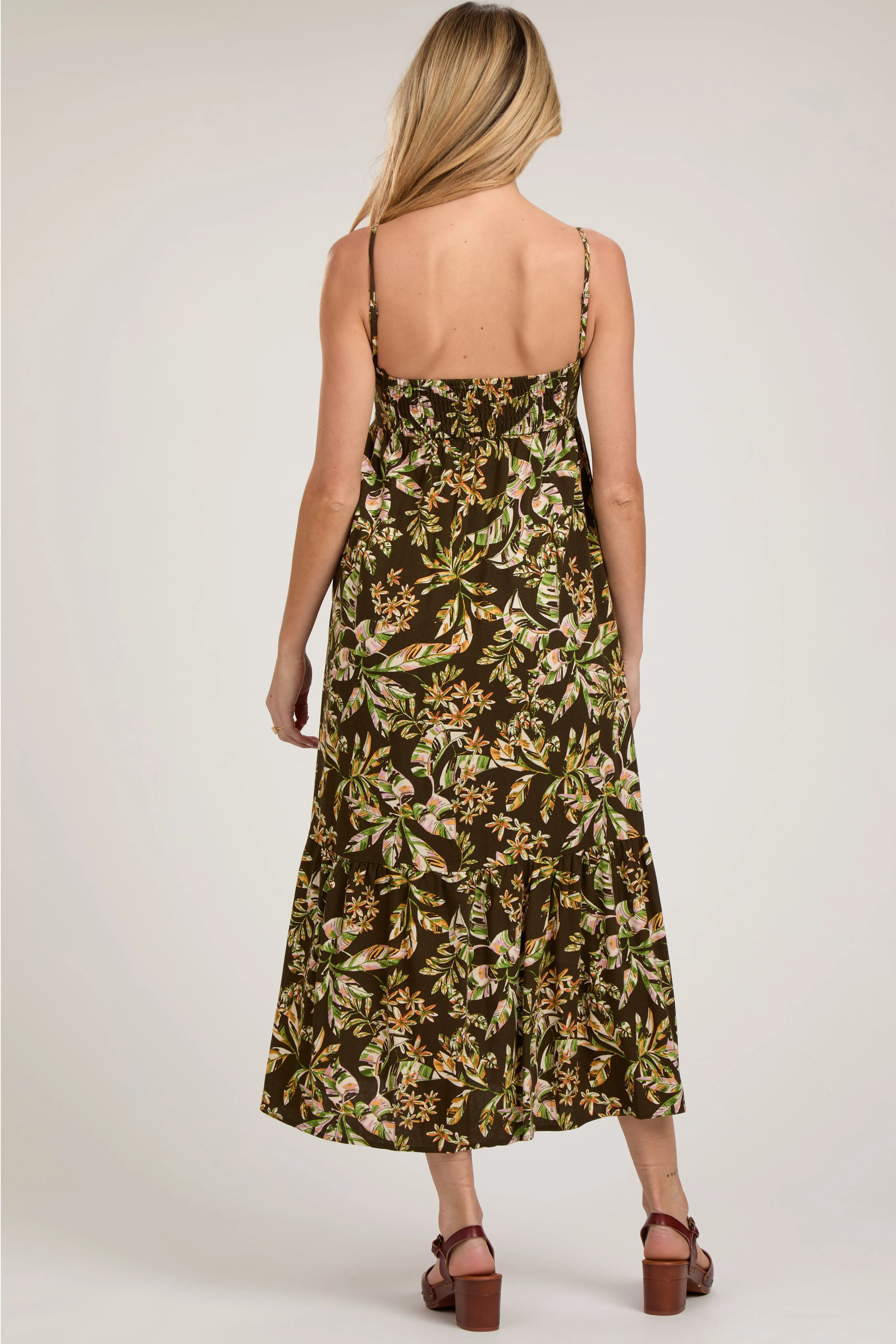 Brown Floral Sleeveless Front Cinched Maternity Midi Dress sold by Pinkblush product image thumbnail 4