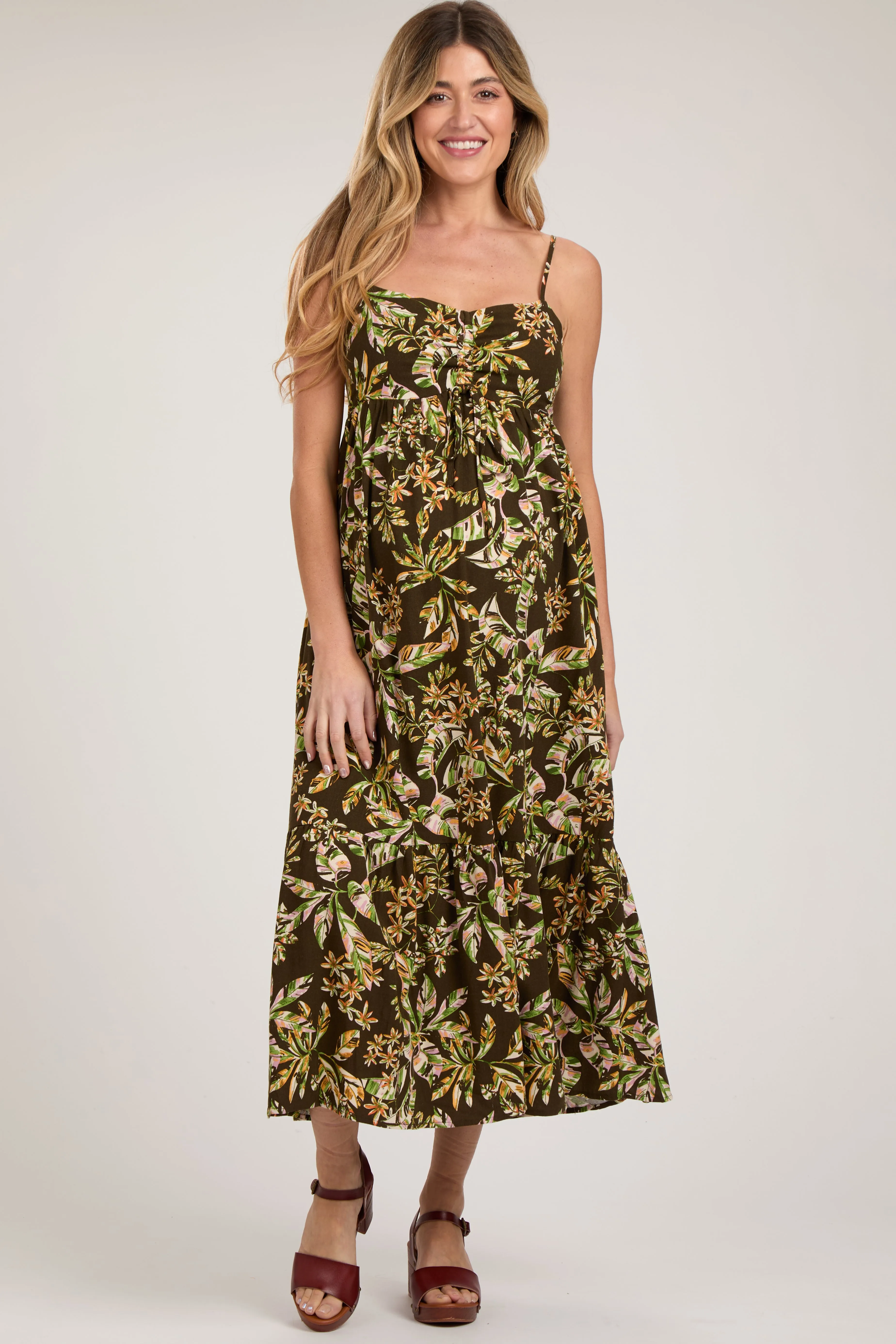 Brown Floral Sleeveless Front Cinched Maternity Midi Dress sold by Pinkblush