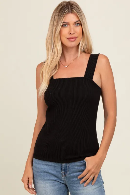 Black Ribbed Square Neck Tank Top sold by Pinkblush