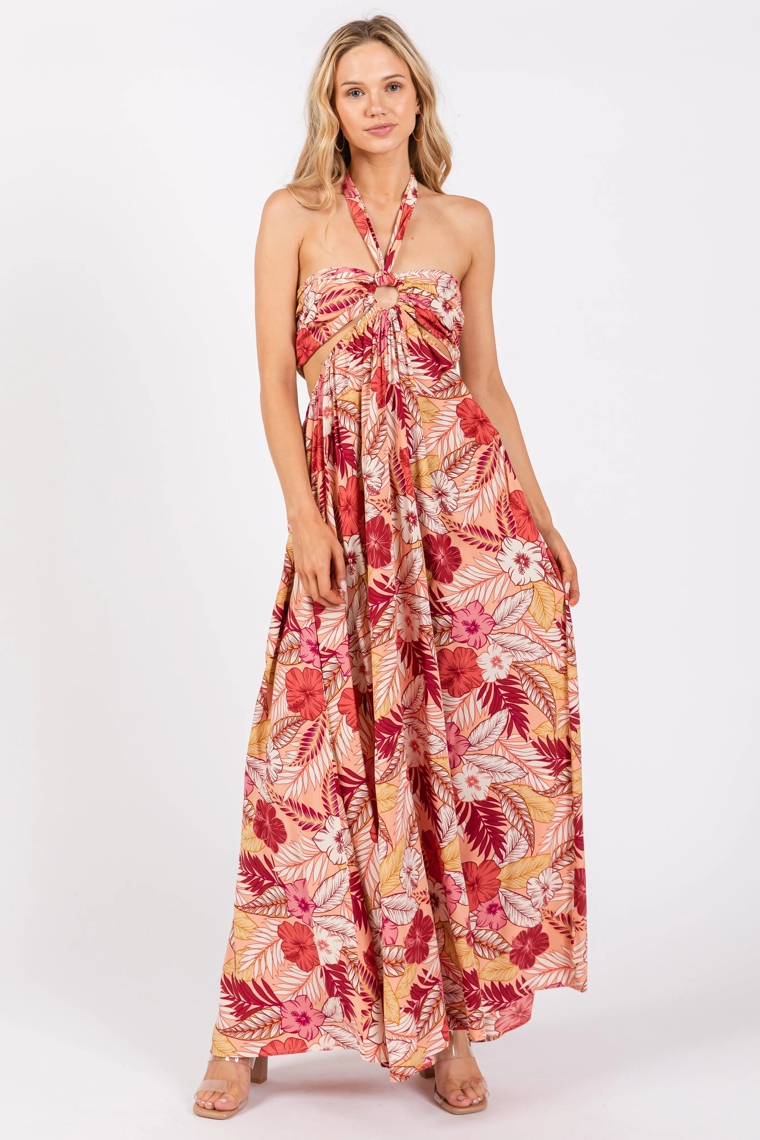 Peach Tropical Print Cutout Halter Neck Maxi Dress sold by Pinkblush product image thumbnail 2