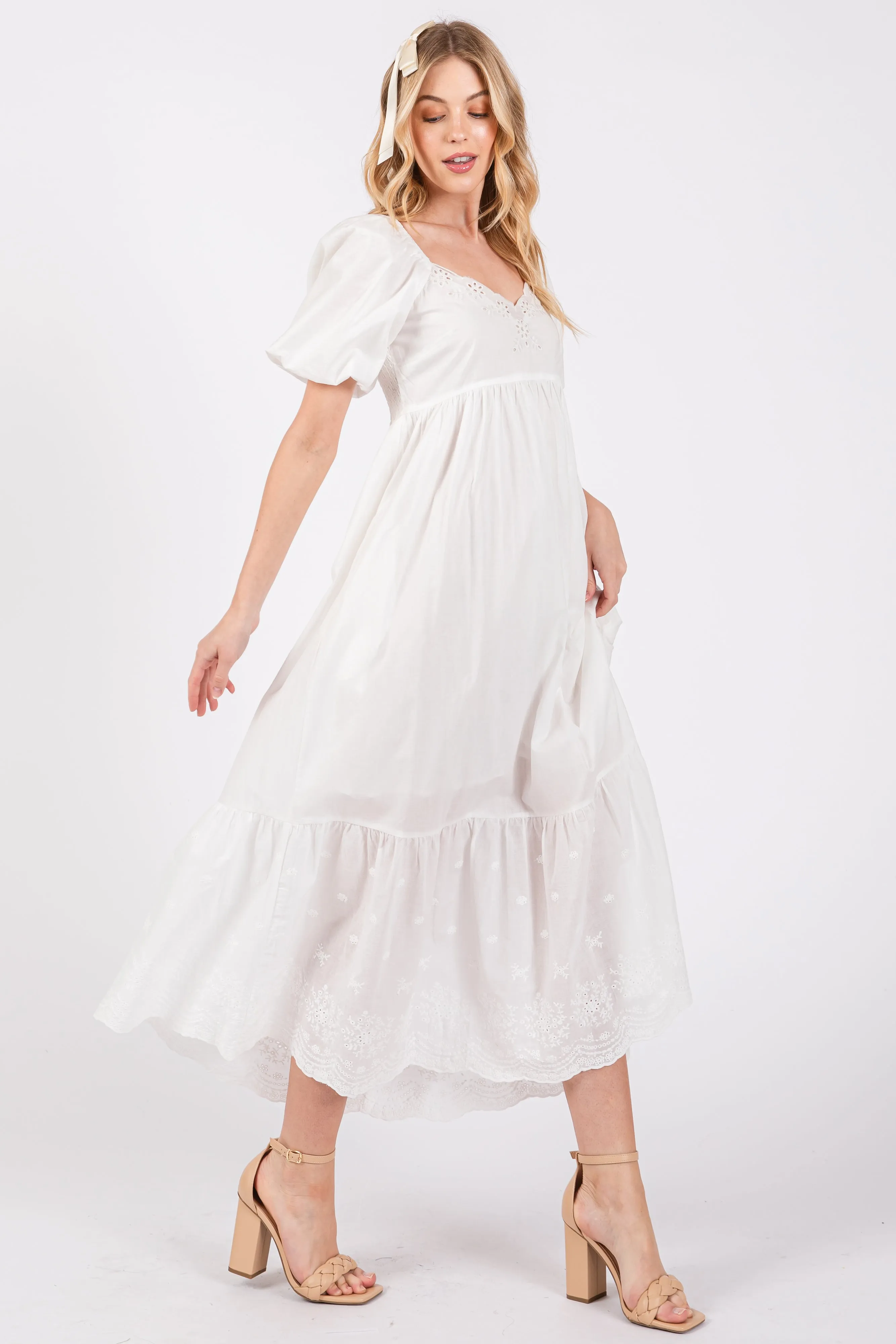 Ivory Eyelet Scalloped V-Neck Short Puff Sleeve Midi Dress sold by Pinkblush product image thumbnail 5